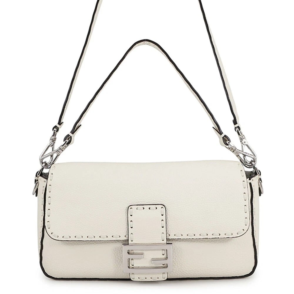 FENDI SELLERIA BAGUETTE CALF LEATHER ONE SHOULDER BAG: FENDI Selleria Baguette Calf Leather One Shoulder Bag Brand: Fendi Type/Style: Shoulder Bag Material: Calfskin Leather Color: White Size: W 27cm x H 14cm x D 6cm (W 10.6inch x H 5.5inch x D 2.4inch)