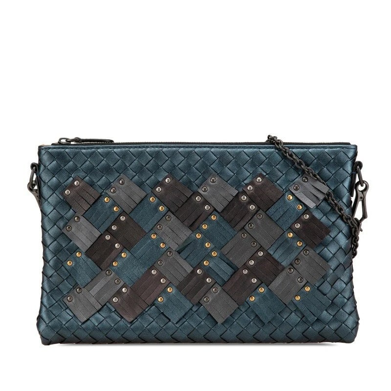 BOTTEGA VENETA INTRECCIATO CHAIN SHOULDER BAG: Bottega Veneta Intrecciato Chain Shoulder Bag Brand: Bottega Veneta Type/Style: Shoulder Bag Material: Leather Color: Navy, Brown Size: W approx. 24.5cm x H approx. 15.5cm x D approx. 2cm