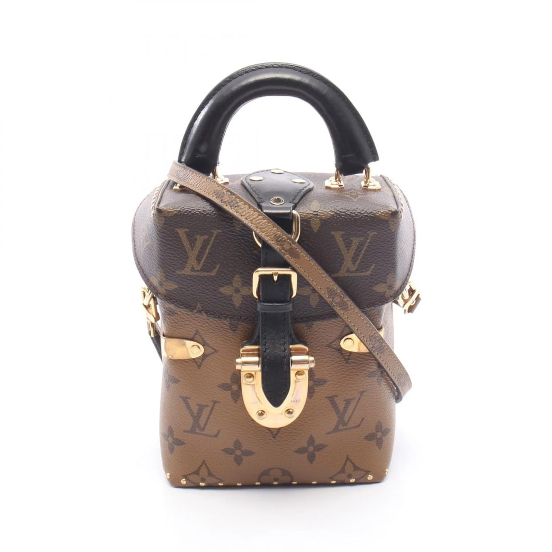LOUIS VUITTON CAMERA BOX MONOGRAM REVERSE 2WAY HANDBAG: LOUIS VUITTON Camera Box Monogram Reverse 2Way Handbag Brand: Louis Vuitton Type/Style: Top Handle Bag Material: Monogram Reverse PVC-coated canvas, leather Color: Brown / Black tones Size: Width: