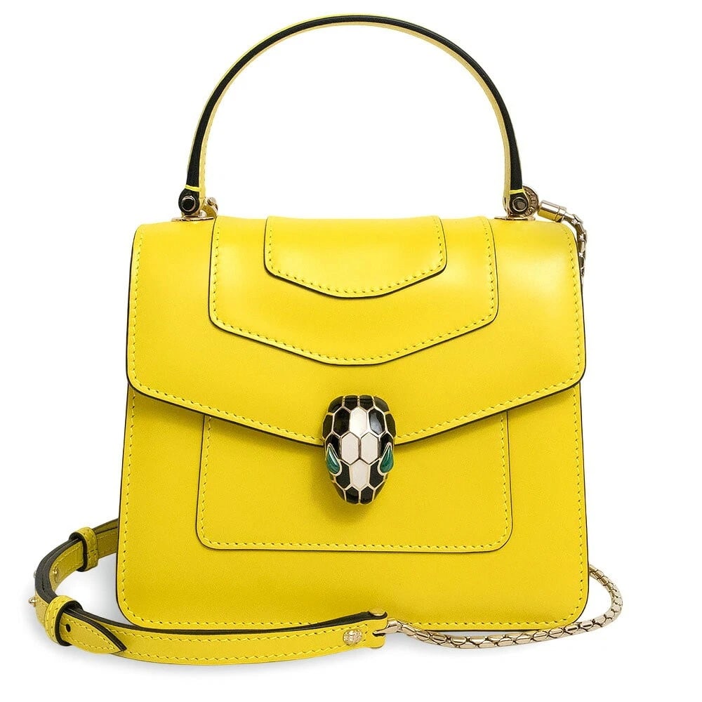 BVLGARI SERPENTI FOREVER SNAKE 2-WAY CHAIN SHOULDER HANDBAG: BVLGARI Serpenti Forever Snake 2-Way Chain Shoulder Handbag Brand: Bvlgari Type/Style: Shoulder Handbag Material: Calfskin Leather (Cowhide) Color: Yellow / Gold Hardware Size: Width: Approx. 7.1inch