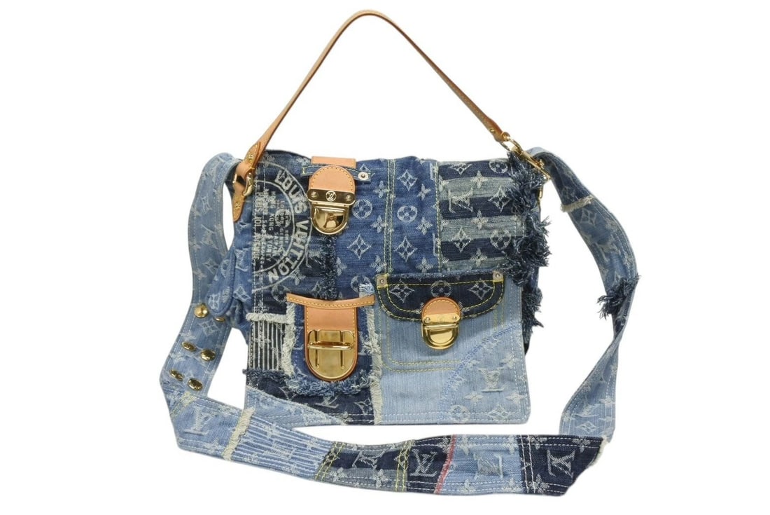 LOUIS VUITTON PATCHWORK MONOGRAM DENIM POSTY MESSENGER SHOULDER BAG: Louis Vuitton Patchwork Monogram Denim Posty Messenger Shoulder Bag Brand: Louis Vuitton Type/Style: Messenger Bag Material: Monogram Denim, Leather Color: Blue / Brown Size: Approximately W 31cm x H 