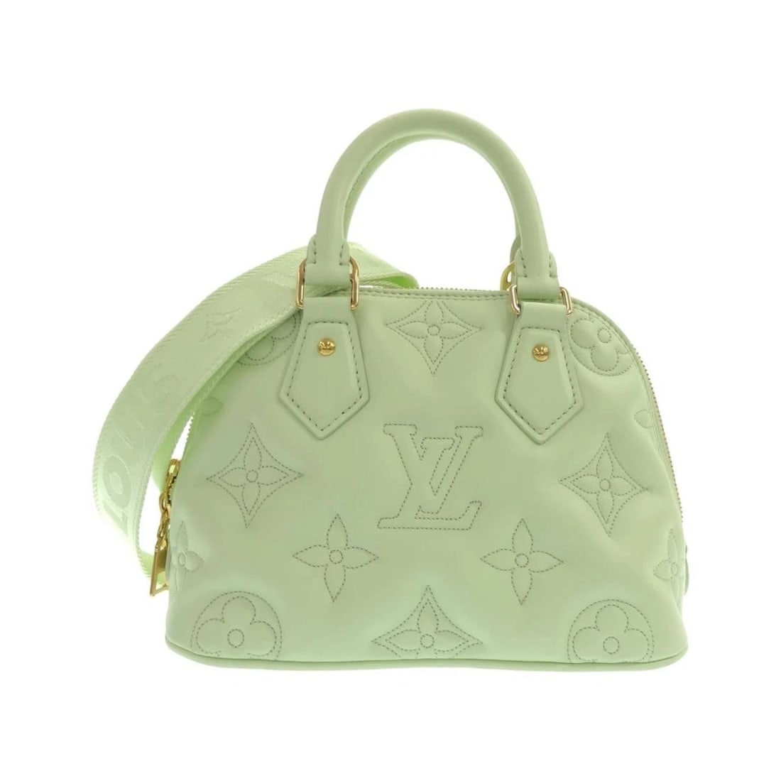 LOUIS VUITTON BUBBLEGRAM ALMA SOFT BB LEATHER 2WAY SHOULDER BAG: Louis Vuitton Bubblegram Alma Soft BB Leather 2WAY Shoulder Bag Brand: Louis Vuitton Type/Style: Satchel/Top Handle Bag Material: Calfskin Color: Vert d'Eau (Water Green) / Gold Hardware Size: Approxi