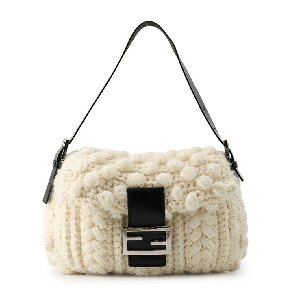 FENDI MAMMA BAGUETTE WOOL LEATHER BAG: FENDI Mamma Baguette Wool Leather Bag Brand: Fendi Type/Style: Shoulder Bag Material: Wool and Leather Color: White/Black Size: W28cm x H19cm x D7cm (approx. W11inch x H7.5inch x D2.8inch) Accesso