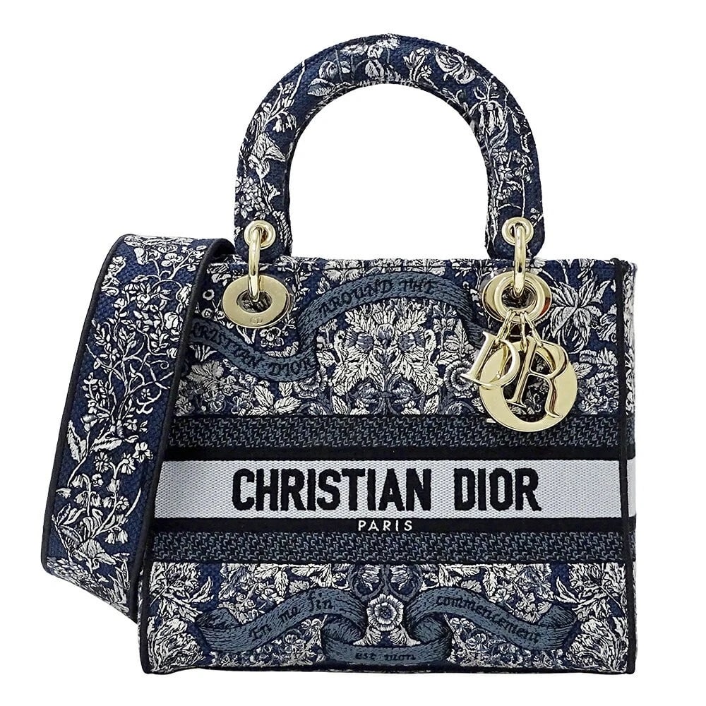 DIOR LADY D-LITE NAVY BLUE JACQUARD EMBROIDERED 2WAY CROSSBODY: Dior Lady D-Lite Navy Blue Jacquard Embroidered 2WAY Crossbody Brand: Dior Type/Style: Shoulder Bag Material: Jacquard Canvas (Embroidered Fabric) Color: Blue to Navy Size: Width: Approx. 9.4 in (24 c