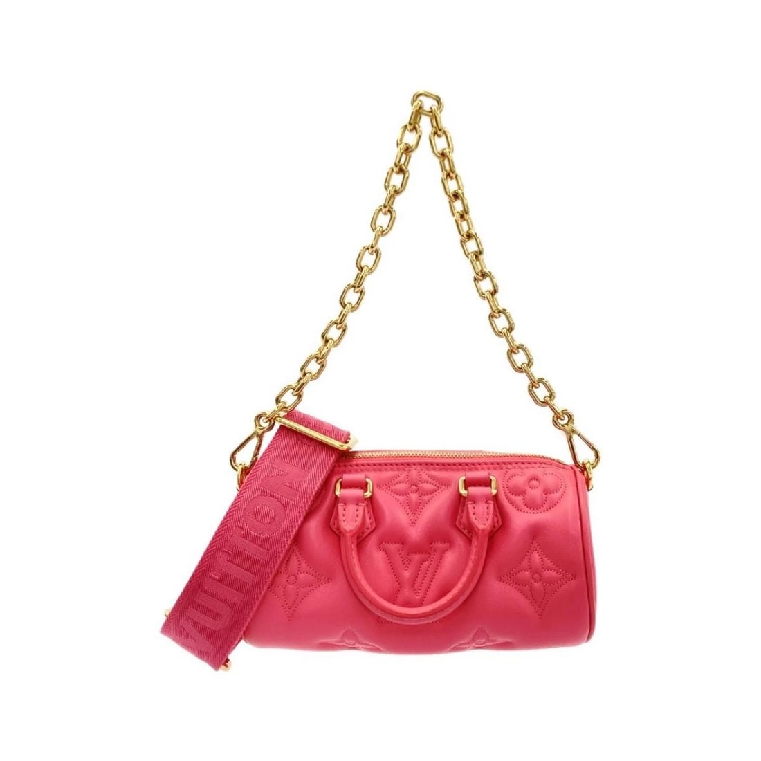 LOUIS VUITTON BUBBLEGRAM PAPILLON BB PADDED LEATHER CROSSBODY BAG: Louis Vuitton Bubblegram Papillon BB Padded Leather Crossbody Bag Brand: Louis Vuitton Type/Style: Shoulder Bag Material: Calfskin Leather Color: Dragonfruit / Gold Hardware Size: Approximately 20cm