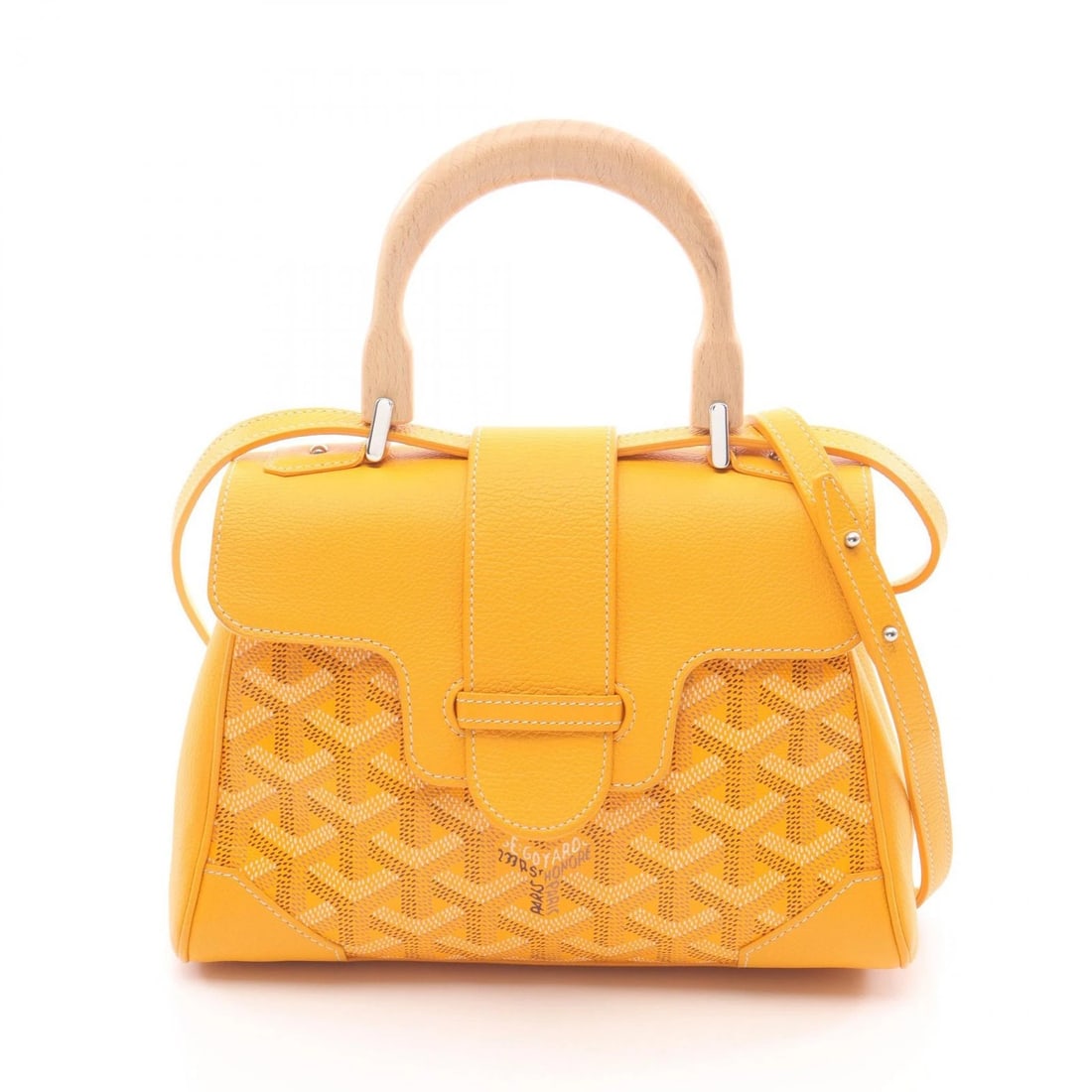 GOYARD SAIGON MINI COATED CANVAS WOOD TOP HANDLE: Goyard Saigon Mini Coated Canvas Wood Top Handle Brand: Goyard Type/Style: Satchel/Top Handle Bag Material: PVC Coated Canvas, Leather Color: Yellow / Multicolor Size: Approximately W 20.5cm x H 14cm 