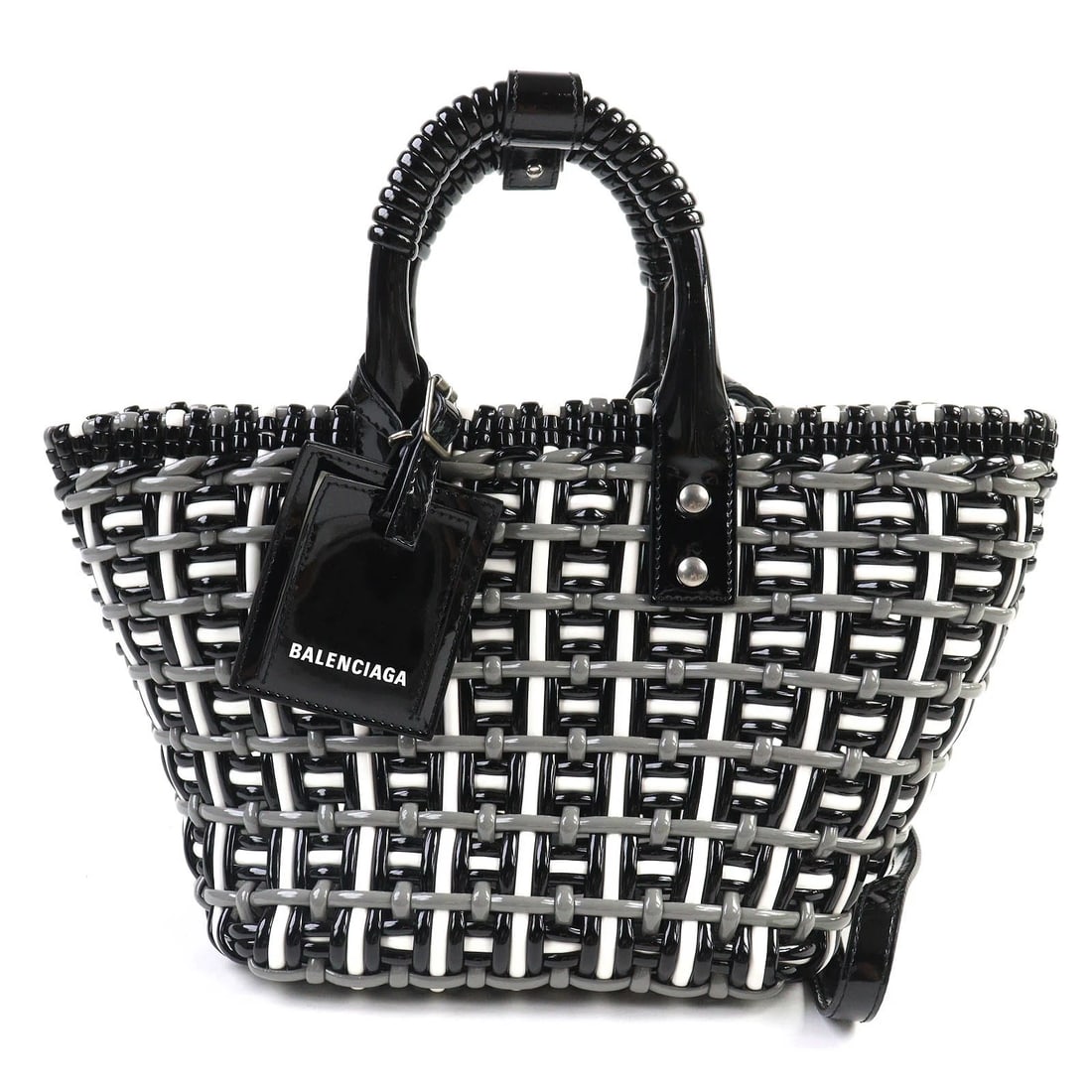 BALENCIAGA BISTRO BASKET BAG XS 2 WAY HANDBAG: BALENCIAGA Bistro Basket Bag xS 2 Way HandBag Brand: BALENCIAGA Type/Style: Basket Bag Material: Patent Leather Color: Black, Gray, White Size: Height: Approx. 21.5 cm (8.5 inches) Width: Approx. 39