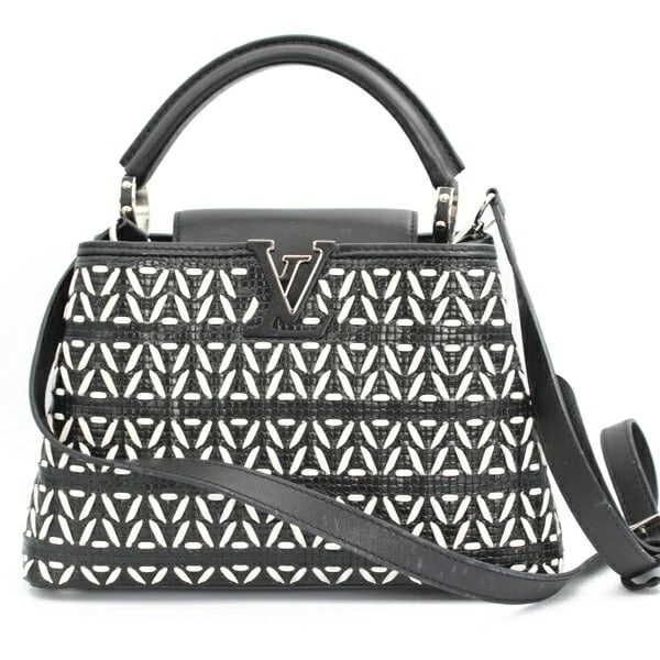 LOUIS VUITTON CAPUCINES BB CALFSKIN LEATHER BLACK WHITE TOP HANDLE BAG: Louis Vuitton Capucines BB Calfskin Leather Black White Top Handle Bag Brand: Louis Vuitton Type/Style: Satchel/Top Handle Bag Material: Calfskin Leather Color: Black/White Size: Approximately 27cm (W