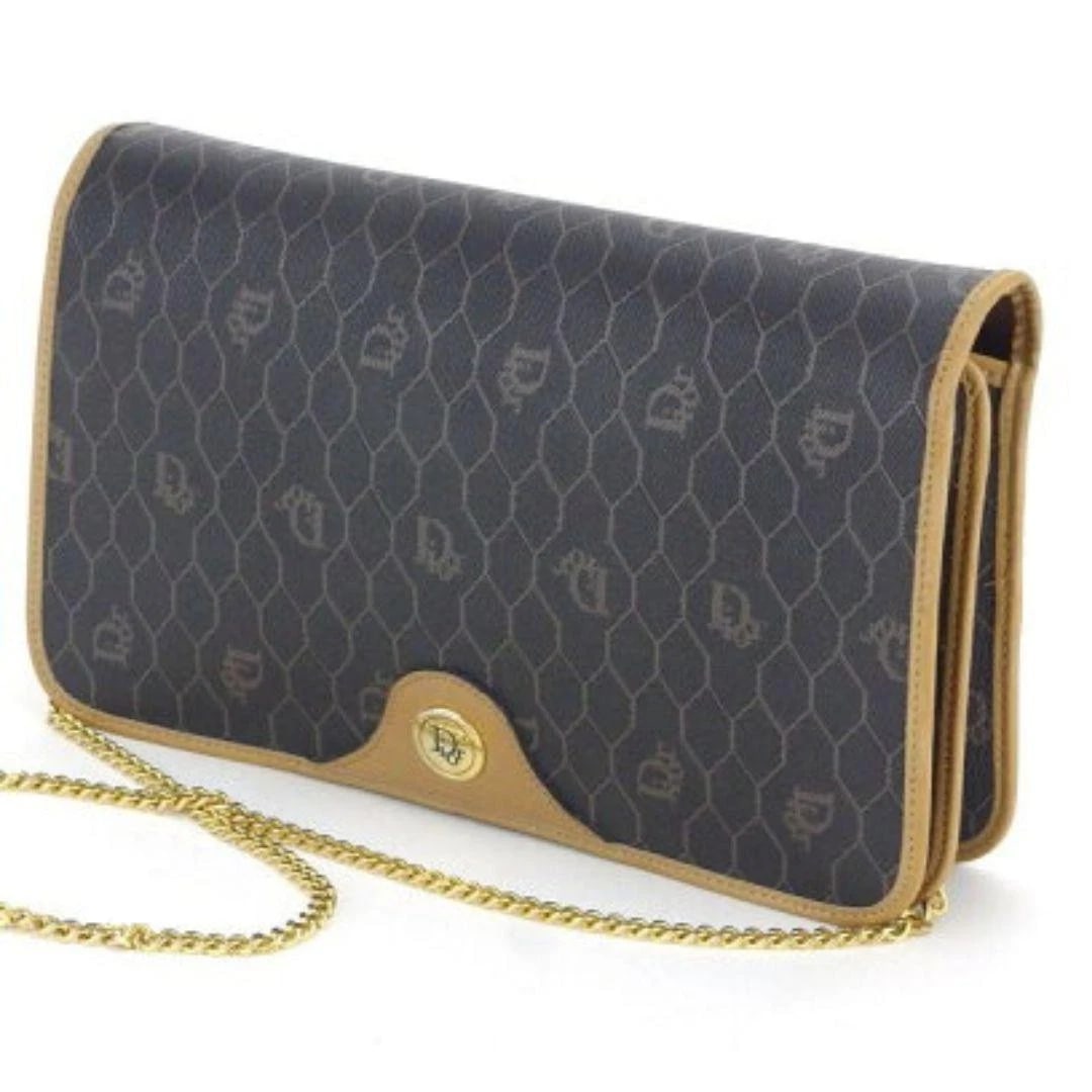 CHRISTIAN DIOR MONOGRAM PVC LEATHER CHAIN SHOULDER BAG: Christian Dior Monogram PVC Leather Chain Shoulder Bag Brand: Dior Type/Style: Shoulder Bag Material: PVC x Leather Color: Black × Beige × Gold Size: W 10.2inch × H 6.7inch × D 1.2inch Accessories