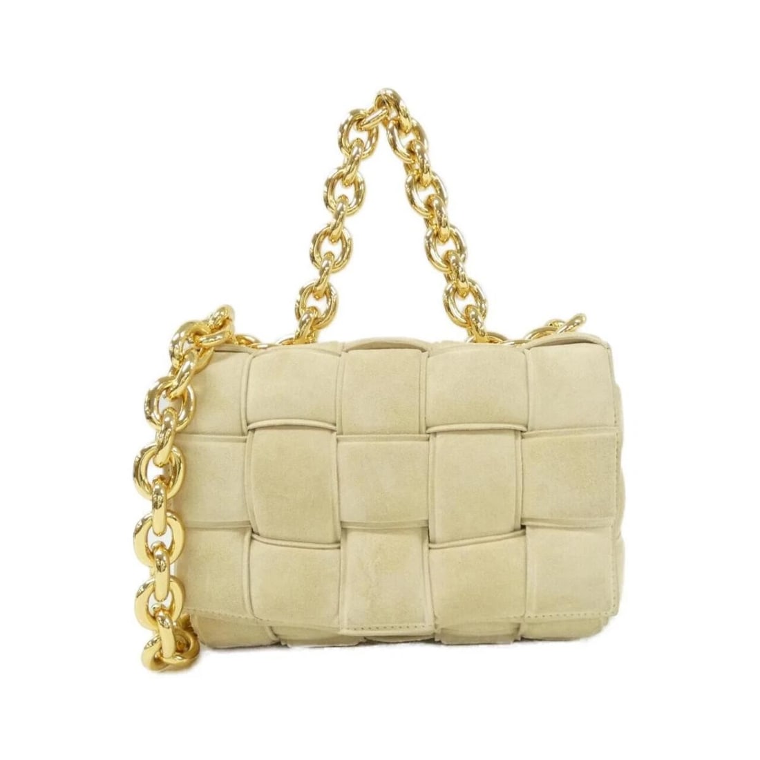 BOTTEGA VENETA PADDED INTRECCIATO SUEDE CROSSBODY SHOULDER BAG: Bottega Veneta Padded Intrecciato Suede Crossbody Shoulder Bag Brand: Bottega Veneta Type/Style: Shoulder Bag Material: Suede Color: Light Beige / Gold Hardware Size: 27cm (W) x 16cm (H) x 6cm (D)