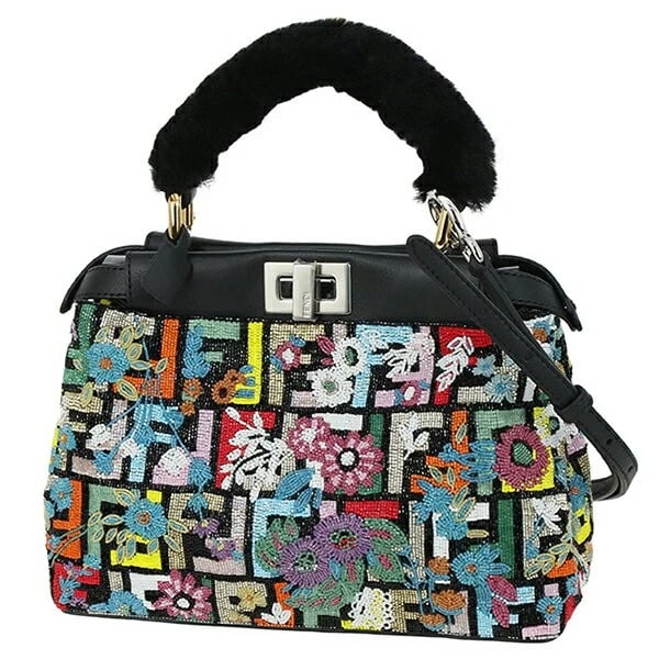 FENDI PEEKABOO LEATHER TOP HANDLE BAG: FENDI Peekaboo Leather Top Handle Bag Brand: Fendi Type/Style: Top Handle Bag Material: Beaded Calfskin Leather, Shearling accents Color: Black with multicolor beading. Size: Approximately 23.5 cm (W)