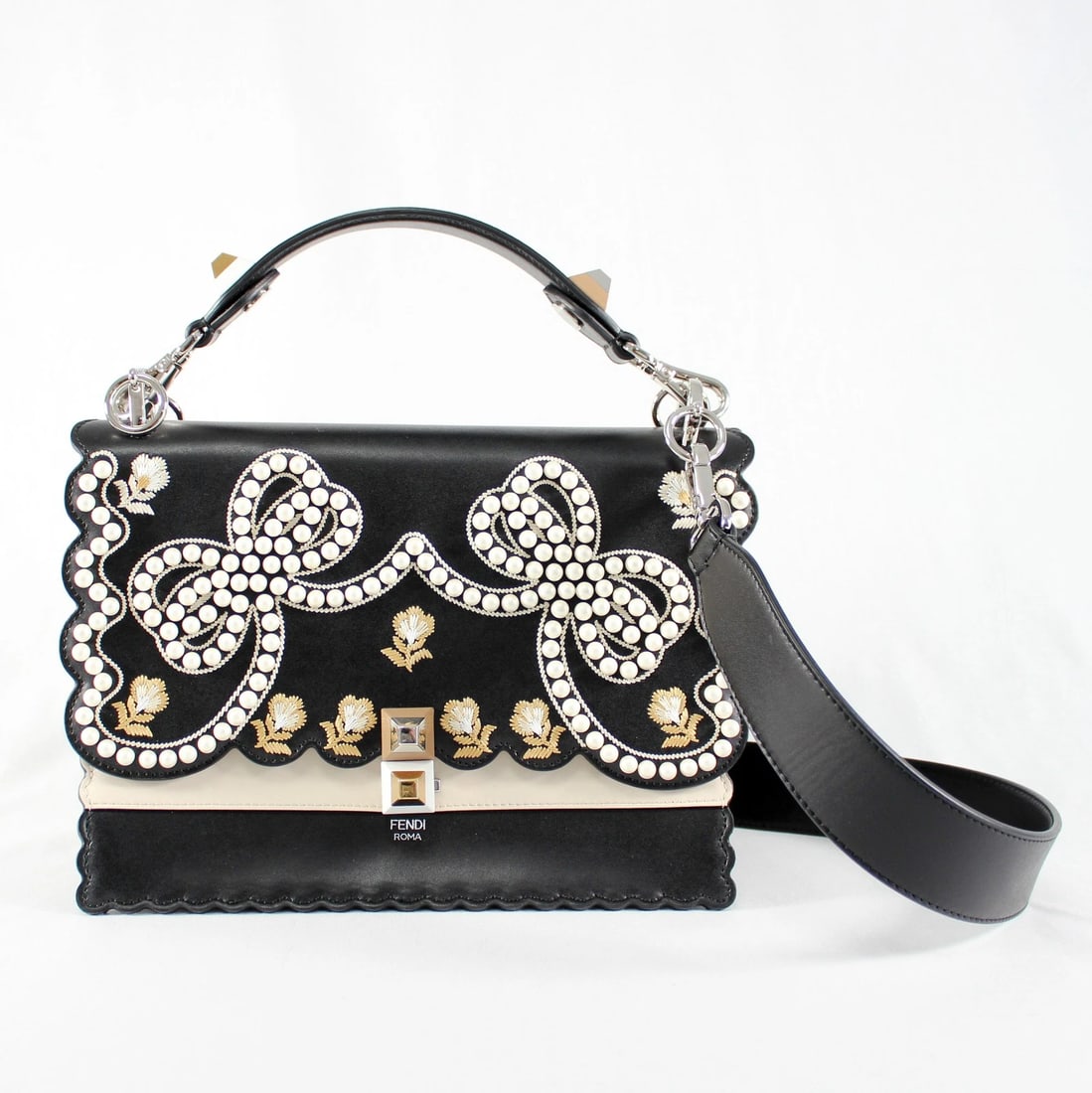 FENDI KAN I PEARL RIBBON LEATHER 2WAY SHOULDER BAG: Fendi Kan I Pearl Ribbon Leather 2WAY Shoulder Bag Brand: Fendi Type/Style: Shoulder Bag Material: Genuine Leather Color: Black with pearl and ribbon accents Size: W approx. 25cm x H approx. 18cm x D 