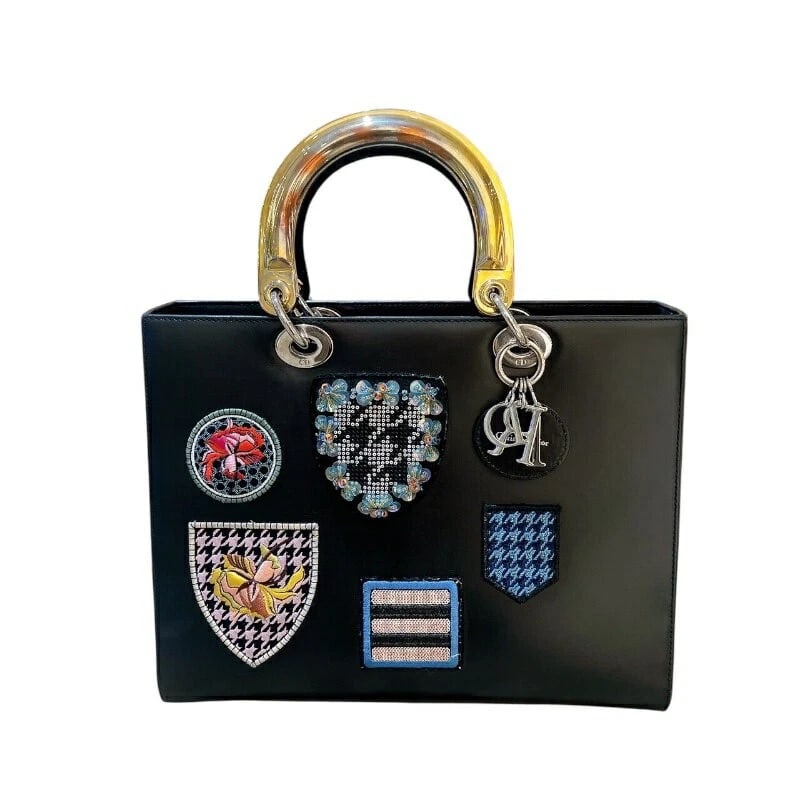 CHRISTIAN DIOR HANDBAG LARGE LADY DIOR BAG: Christian Dior Handbag Large Lady Dior Bag Brand: CHRISTIAN DIOR Type/Style: Top Handle Bag Material: Box Calf Leather Color: Black with Gold and Silver Hardware Size: Width: Approx. 32cm Height: Appr