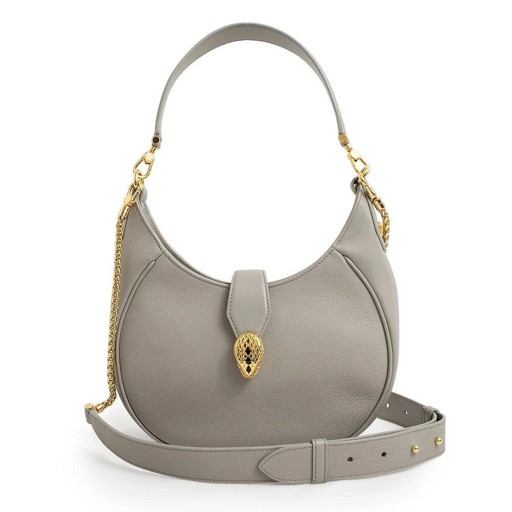 BVLGARI SERPENTI ELLIPSE 2-WAY CHAIN SHOULDER HANDBAG: BVLGARI Serpenti Ellipse 2-Way Chain Shoulder Handbag Brand: Bvlgari Type/Style: Shoulder Handbag Material: Calfskin Leather (Cowhide) Color: Gray / Gold Hardware Size: Width: Approx. 10.0inch