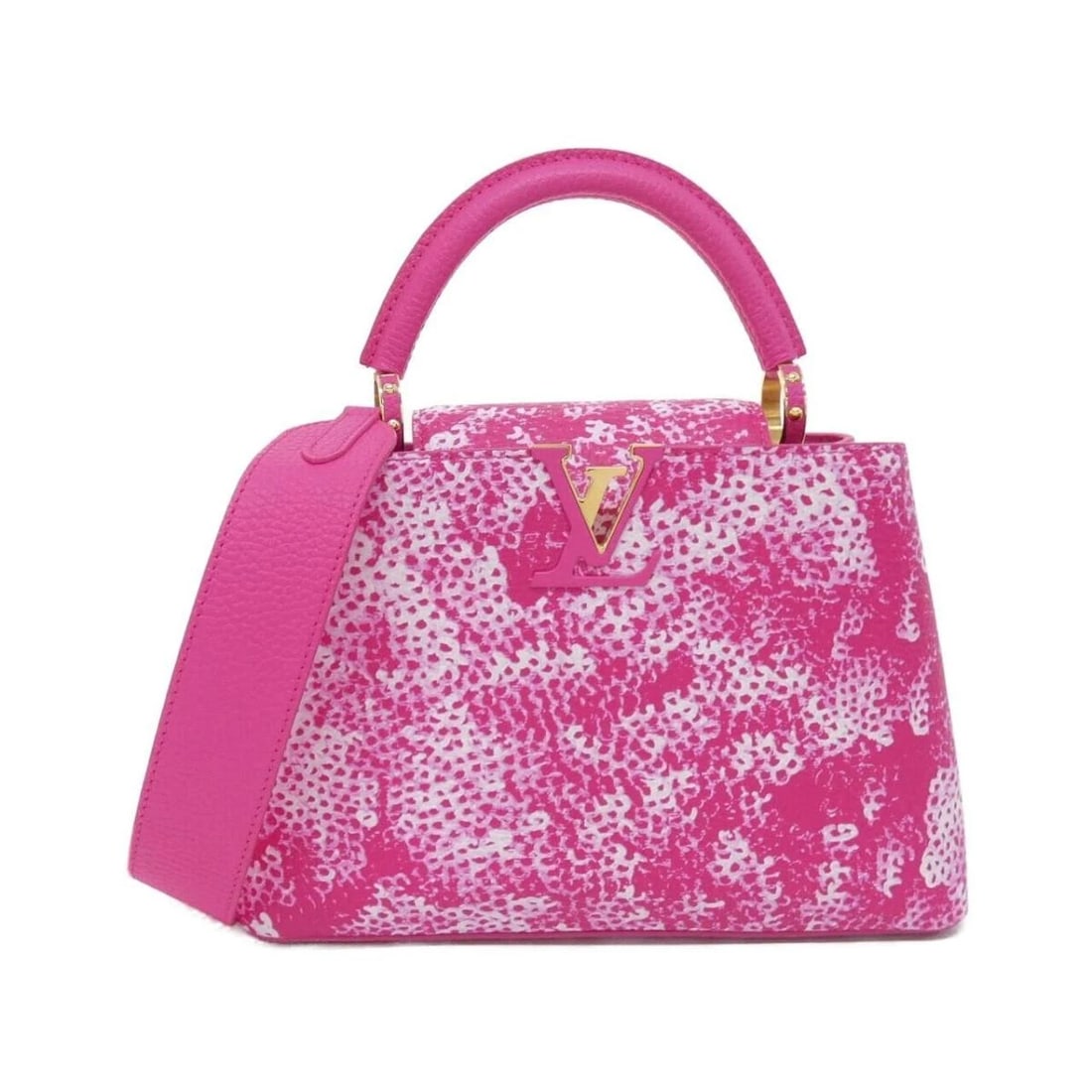 LOUIS VUITTON YAYOI KUSAMA INFINITY NETS CAPUCINES: Louis Vuitton Yayoi Kusama Infinity Nets Capucines Brand: Louis Vuitton Type/Style: Shoulder Bag Material: Taurillon Calf Leather Color: FUCHSIA / GOLD Hardware Size: Width x Height x Depth: 10.63inch