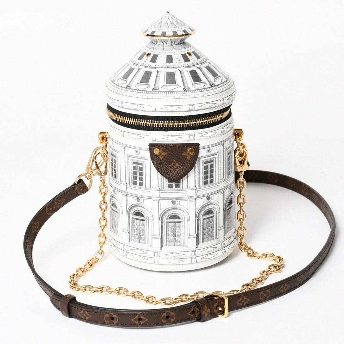 LOUIS VUITTON FORNASETTI CANNES MONOGRAM PATENT CROSSBODY: LOUIS VUITTON Fornasetti Cannes Monogram Patent Crossbody Brand: Louis Vuitton Type/Style: Shoulder Bag Material: Patent Leather, PVC Color: Black, Grey, White Size: W 12cm x H 25cm x D 12cm Acces