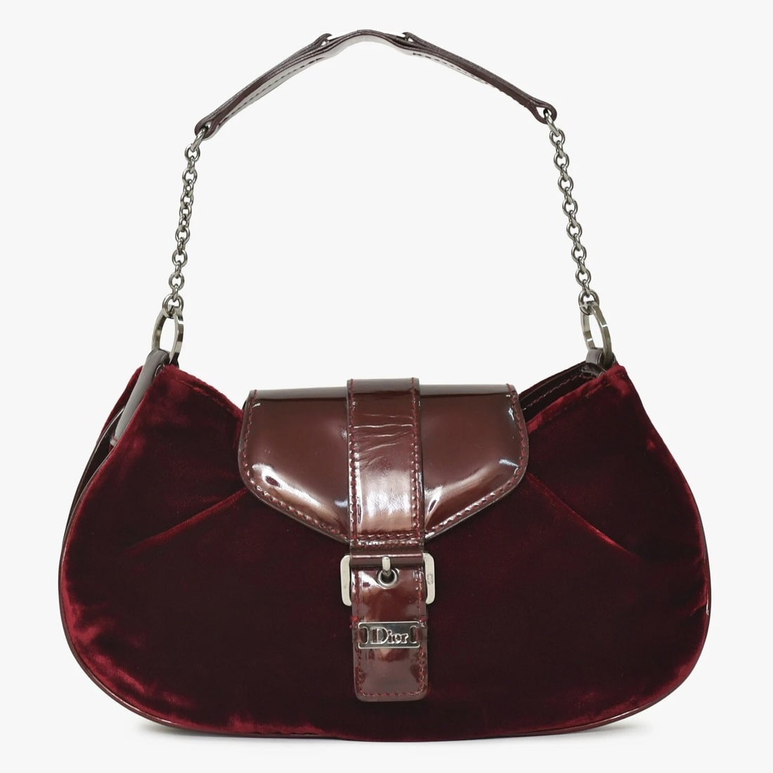 CHRISTIAN DIOR BURGUNDY VELOUR VELVET BUCKET BAG: Christian Dior Burgundy Velour Velvet Bucket Bag Brand: Dior Type/Style: Top Handle Bag Material: None Color: Wine Red Size: Width: 9.1 in (23 cm) Height: 5.1 in (13 cm) Depth: 1.2 in (3 cm) Acces