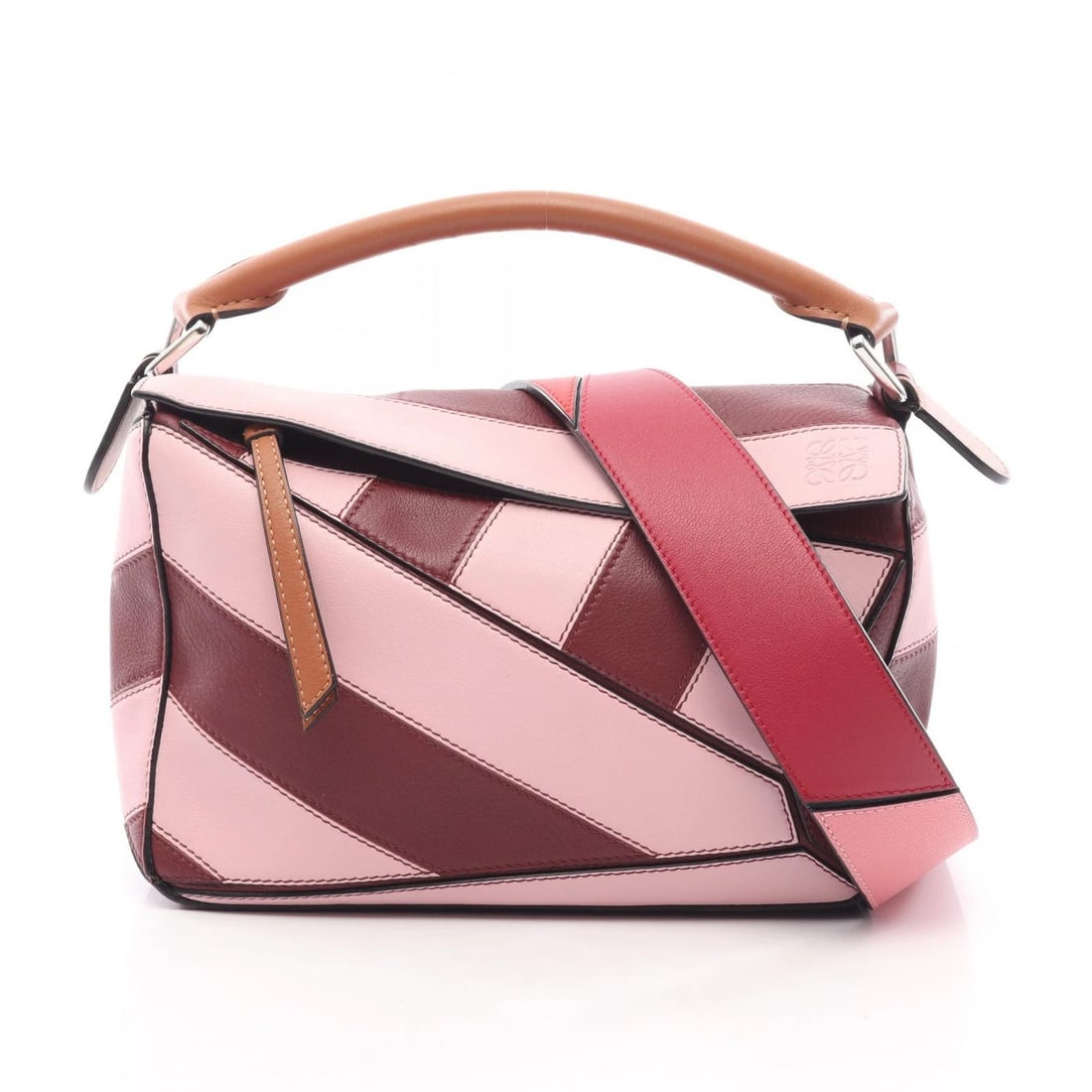 LOEWE PUZZLE BAG TRICOLOR PINK BORDEAUX LEATHER 2WAY SHOULDER HANDBAG: LOEWE Puzzle Bag Tricolor Pink Bordeaux Leather 2WAY Shoulder Handbag Brand: Loewe Type/Style: Satchel/Top Handle Bag Material: Leather Color: Pink / Bordeaux / Brown Size: W approx. 24cm x H 15cm x D