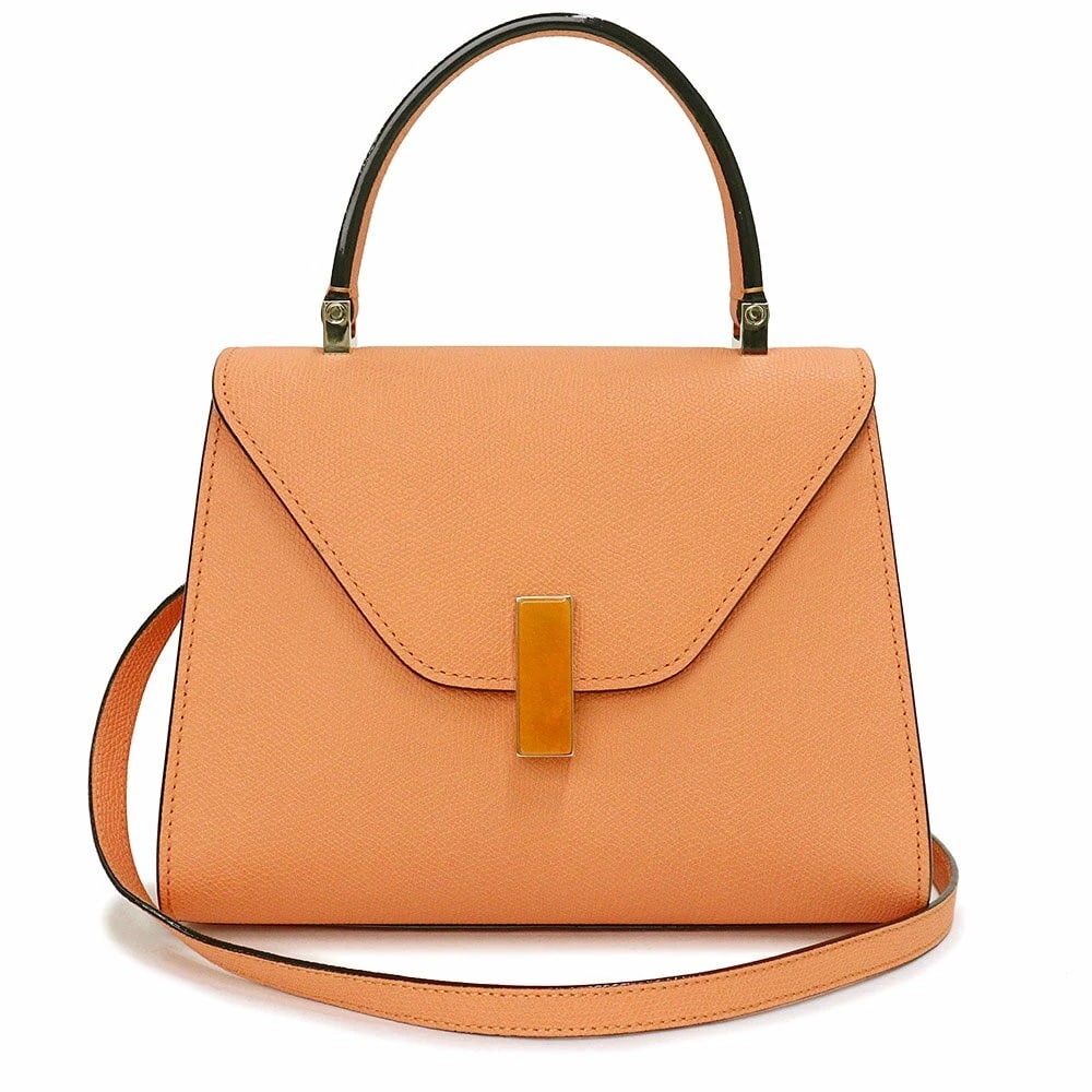 VALEXTRA MINI ISIDE QUARTZ 2-WAY SHOULDER HANDBAG: Valextra Mini Iside Quartz 2-Way Shoulder Handbag Brand: Valextra Type/Style: Shoulder Bag Material: Soft Calf Leather Color: Peach Orange / Light Gold Hardware Size: Width: Approx. 7.3inch (Top) x 8.