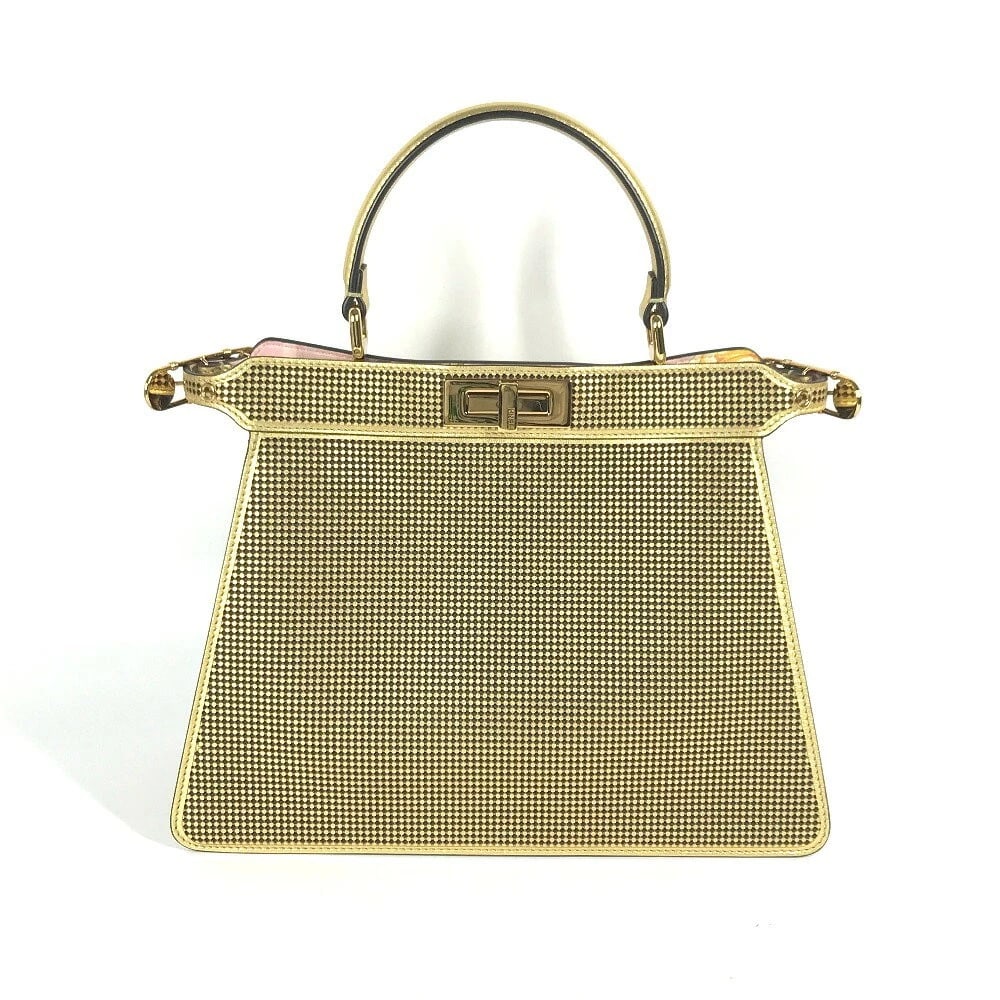 FENDI VERSACE FENDACE PEEKABOO GOLD LEATHER 2WAY BAG: Fendi Versace Fendace Peekaboo Gold Leather 2WAY Bag Brand: Fendi Type/Style: Satchel/Top Handle Bag Material: Leather Color: Gold exterior with a pink patterned interior Size: W32.5cm x H24cm x D13cm