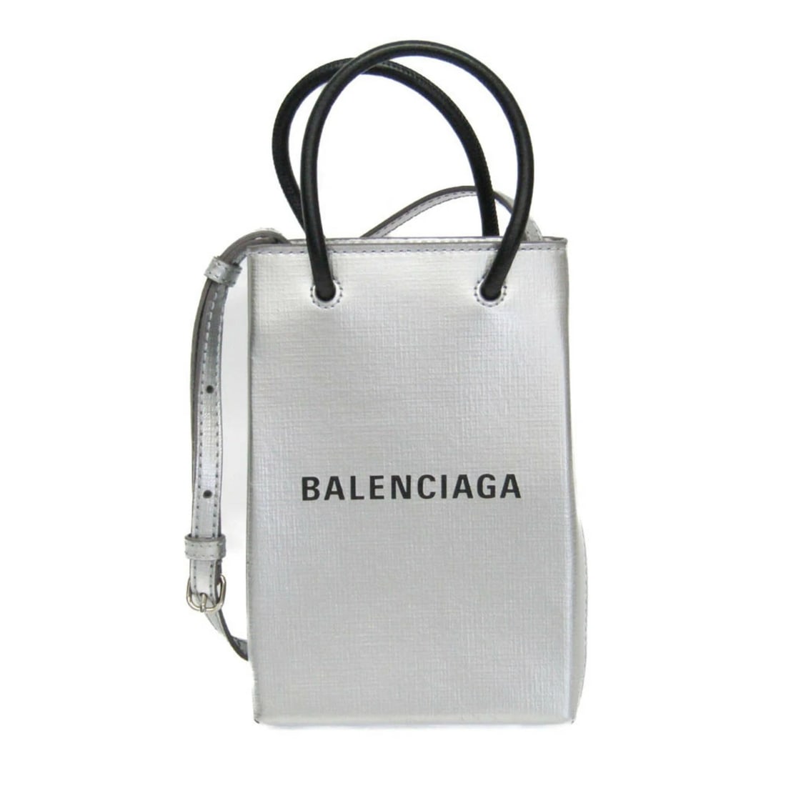BALENCIAGA SHOPPING PHONE HOLDER SHOULDER MINI BAG: Balenciaga Shopping Phone Holder Shoulder Mini Bag Brand: Balenciaga Type/Style: Shoulder Mini Bag Material: Leather Color: Silver Size: (Approx.): Height: 17.5 cm ? 6.88 in Width: 12 cm ? 4.72 in Dep