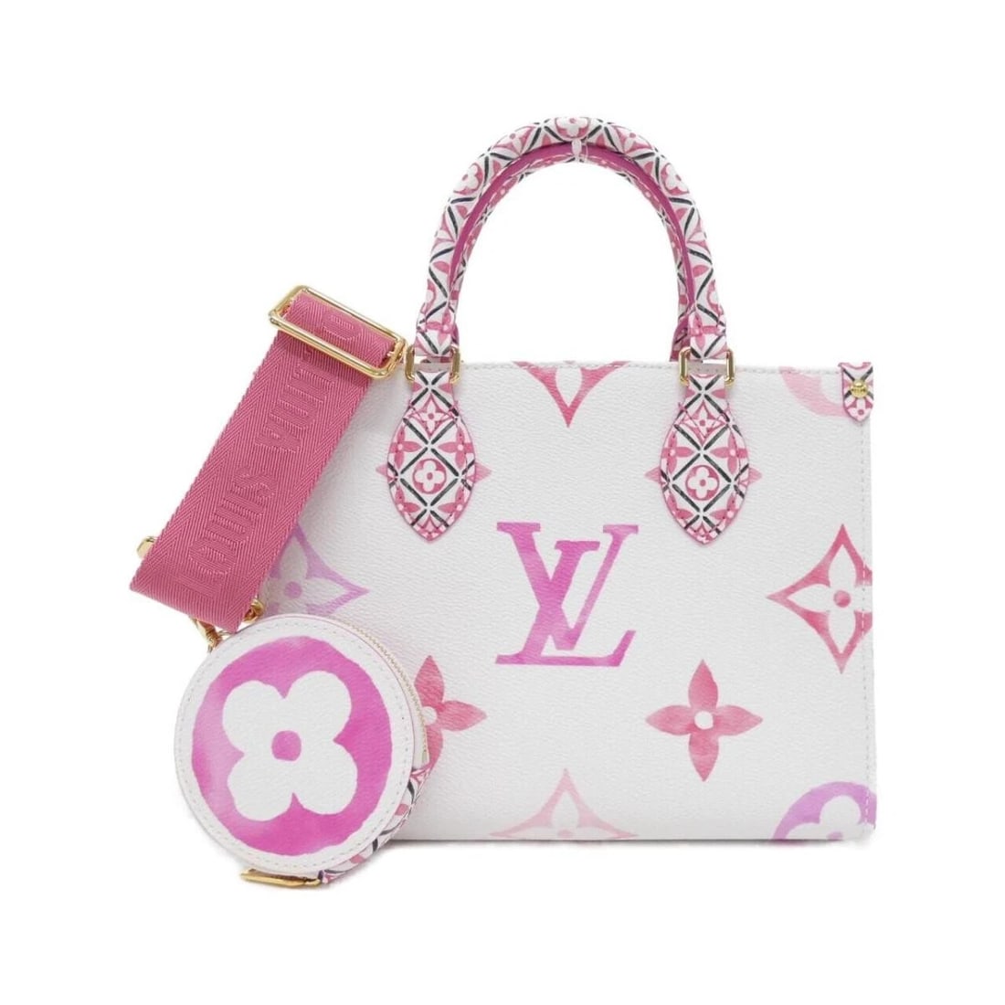 LOUIS VUITTON BY THE POOL ONTHEGO PM FLOWER TILE BLUE WHITE TOTE: Louis Vuitton By The Pool OnTheGo PM Flower Tile Blue White Tote Brand: Louis Vuitton Type/Style: Top Handle Bag Material: Coated Canvas Color: Pink / Gold Hardware Size: Approximately 25cm (W) x 19cm