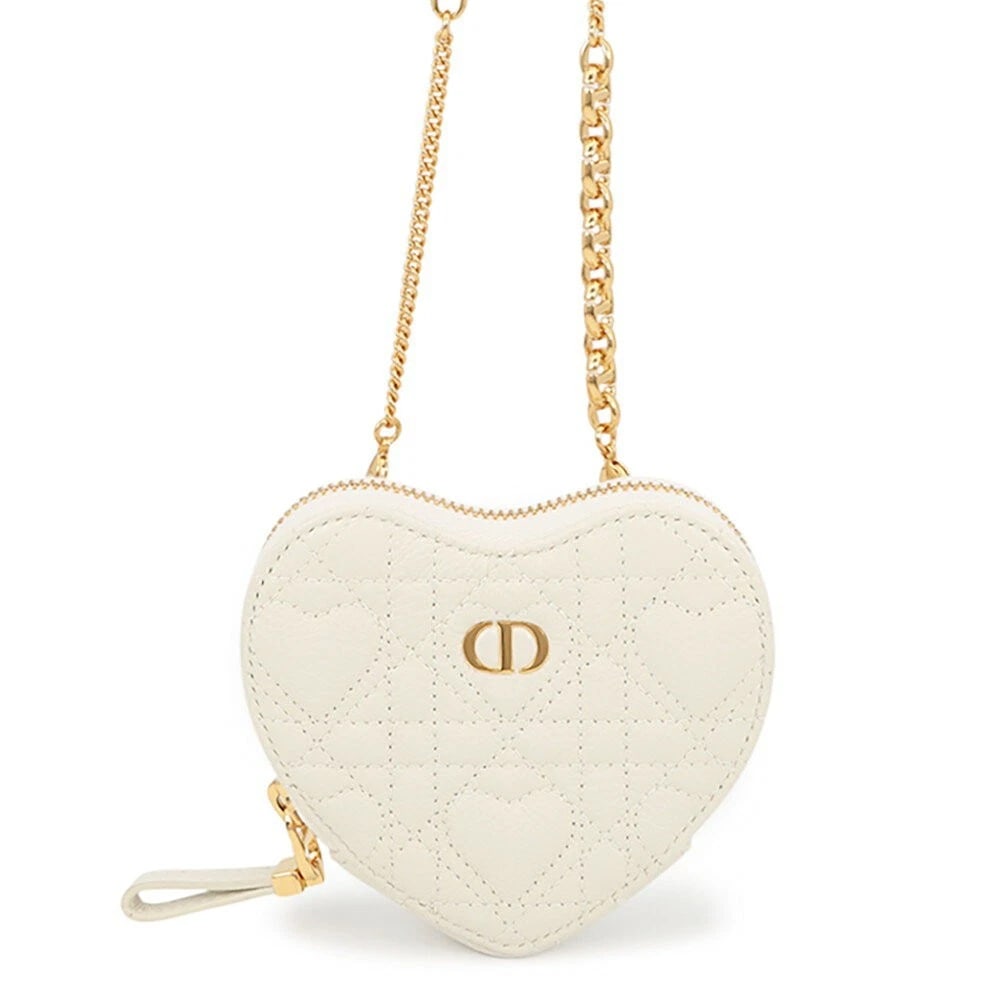 CHRISTIAN DIOR DIORAMOUR CARO HEART CALFSKIN CHAIN POUCH CROSSBODY: Christian Dior Dioramour Caro Heart Calfskin Chain Pouch Crossbody Brand: Dior Type/Style: Shoulder Bag Material: Calfskin Leather Color: Latte White Size: Width: 4.53 in (11.5 cm) Height: 4.13 in (10