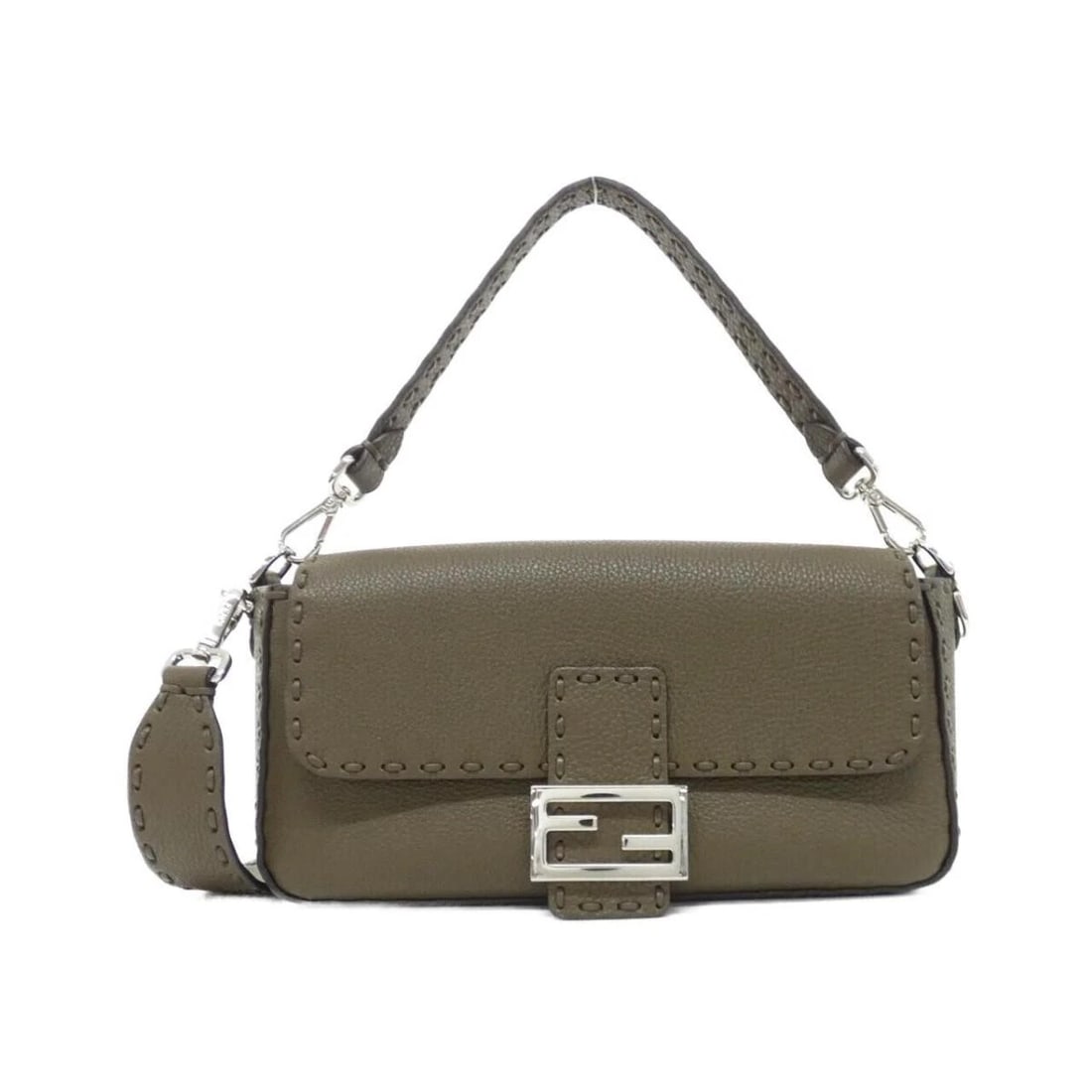 FENDI SELLERIA BAGUETTE HAND STITCHED LEATHER SHOULDER BAG: Fendi Selleria Baguette Hand Stitched Leather Shoulder Bag Brand: Fendi Type/Style: Shoulder Bag Material: Calfskin Leather Color: Wood with Silver hardware Size: Approximately 27cm (W) x 15cm (H) x 6