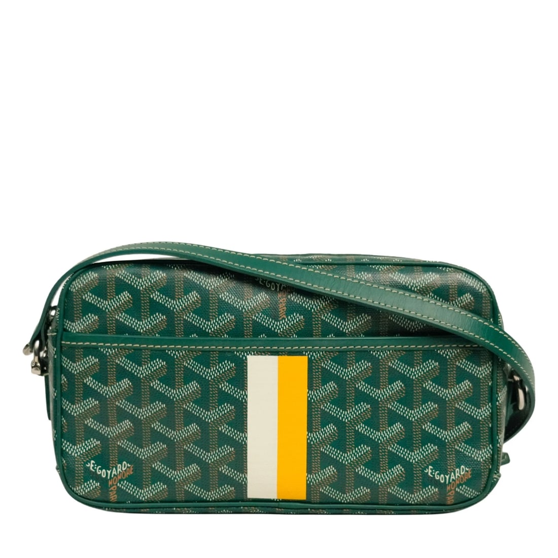 GOYARD SHOULDER BAG CAP: Goyard Shoulder Bag Cap Brand: Goyard Type/Style: Shoulder Bag Material: PVC Coated Canvas Color: Green / Yellow / Silver Size: Width: Approx. 9.1 inches (23 cm) Height: Approx. 5.1 inches (13 cm) Dep