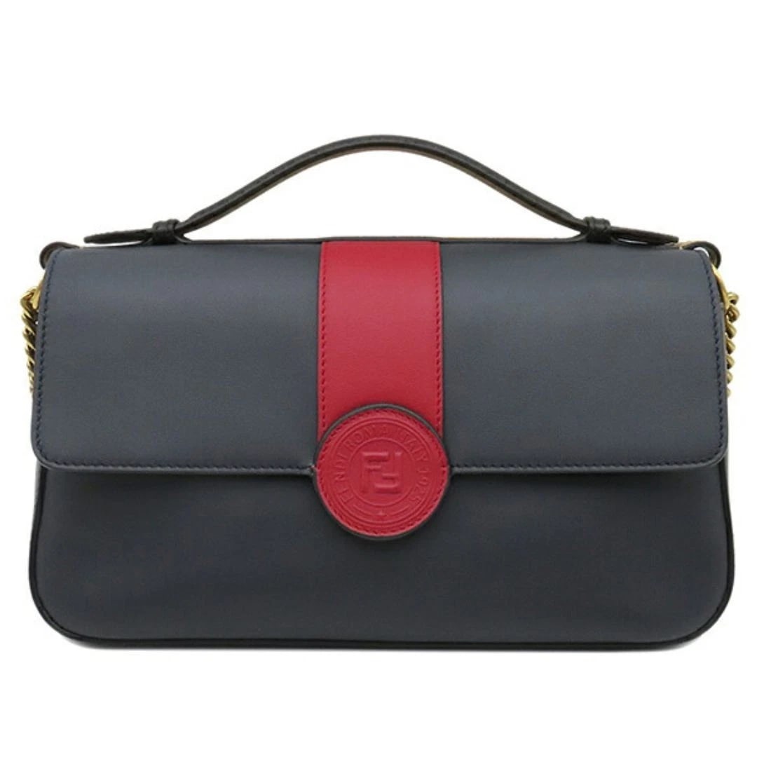 FENDI DOUBLE F LEATHER CHAIN SHOULDER BAG: Fendi Double F Leather Chain Shoulder Bag Brand: Fendi Type/Style: Shoulder Bag Material: Leather Color: Navy/Red Size: W (bottom) 27cm x H (max) 15cm x D (max) 9cm Accessories: None Acces