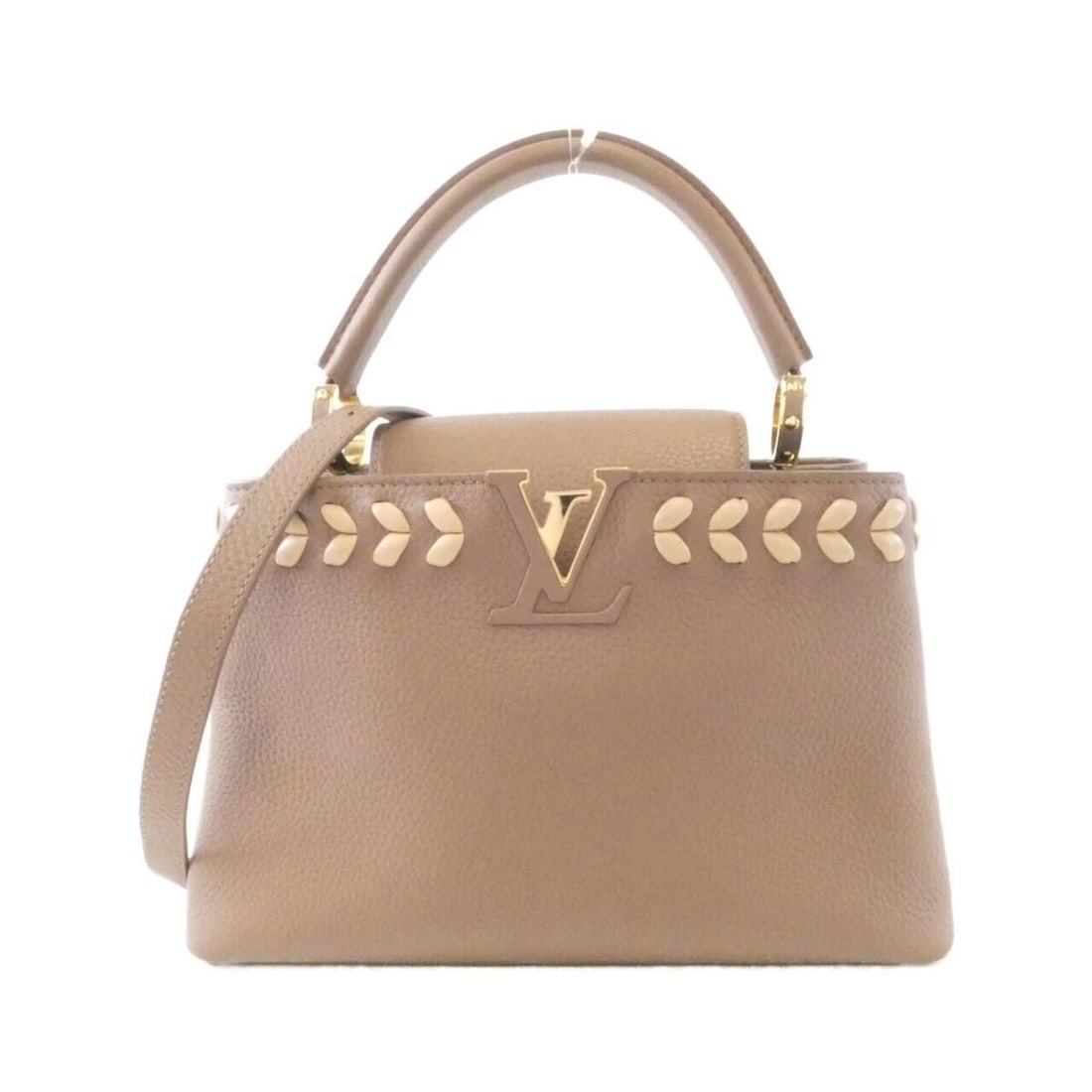 LOUIS VUITTON CAPUCINES PM TAURILLON LEATHER 2WAY SHOULDER BAG: Louis Vuitton Capucines PM Taurillon Leather 2WAY Shoulder Bag Brand: Louis Vuitton Type/Style: Satchel/Top Handle Bag Material: Taurillon Leather Color: Dune / Gold Hardware Size: 31cm (W) x 20cm (H)