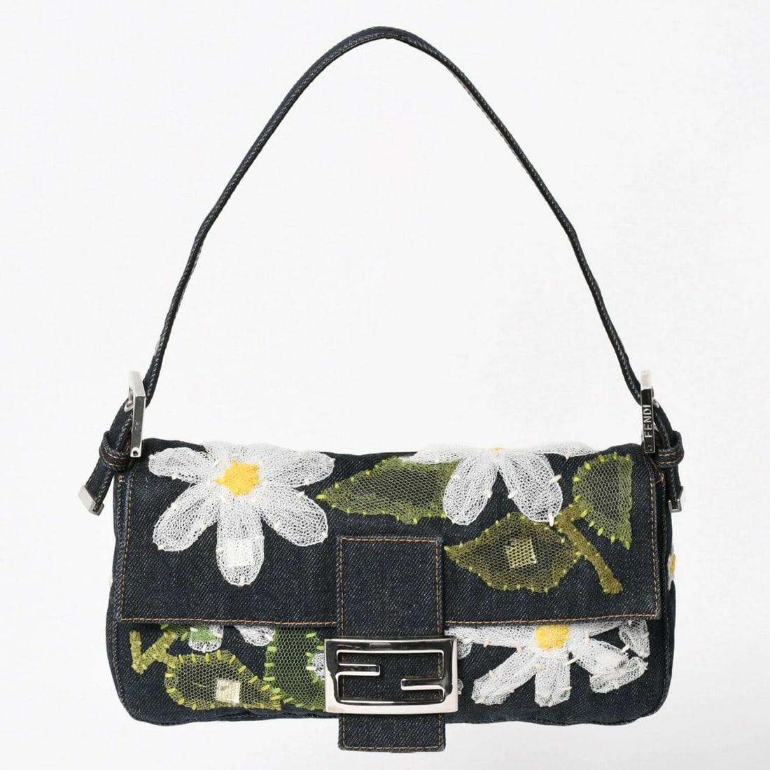 FENDI MAMMA BAGUETTE DENIM SHOULDER BAG: FENDI Mamma Baguette Denim Shoulder Bag Brand: Fendi Type/Style: Shoulder Bag Material: Denim Color: Indigo Blue with White and Yellow floral embroidery Size: W approximately 25cm x H 14.5cm x D 4cm
