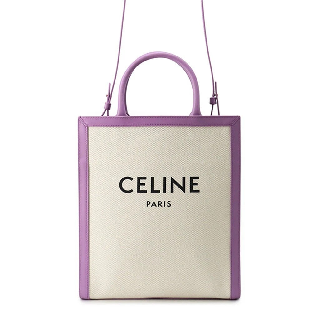 CELINE VERTICAL CABAS CANVAS LEATHER 2WAY SHOULDER TOTE BAG: CELINE Vertical Cabas Canvas Leather 2WAY Shoulder Tote Bag Brand: CELINE Type/Style: Tote Material: Canvas/Leather Color: Natural/Purple Size: W28cm x H32cm x D7cm (W11inch x H12.6inch x D2.8inch)