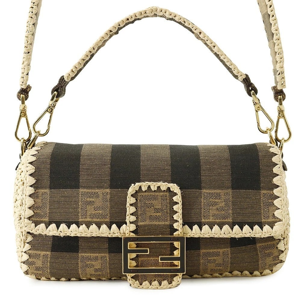 FENDI MAMMA BAGUETTE RAFFIA CANVAS LEATHER 2WAY SHOULDER HANDBAG BAG: FENDI Mamma Baguette Raffia Canvas Leather 2WAY Shoulder Handbag Bag Brand: Fendi Type/Style: Shoulder Bag Material: Raffia / Canvas Color: Beige / Brown Size: W27cm x H14cm x D8cm (W10.6inch x