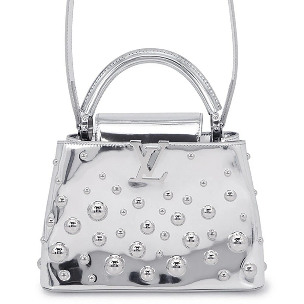 LOUIS VUITTON YAYOI KUSAMA CAPUCINES BB METAL DOTS LEATHER 2WAY BAG: LOUIS VUITTON Yayoi Kusama Capucines BB Metal Dots Leather 2WAY Bag Brand: Louis Vuitton Type/Style: Satchel/Top Handle Bag Material: Leather Color: Silver Size: W26.5cm x H17.5cm x D9cm (10.4inch x 6