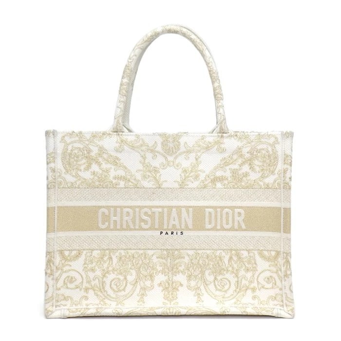 CHRISTIAN DIOR BOOK TOTE WHITE DIORESQUE BUTTERFLY EMBROIDERY: Christian Dior Book Tote White Dioresque Butterfly Embroidery Brand: Dior Type/Style: Tote Material: Dioresque Butterfly Cornely Embroidery (Cotton) Color: Latte White and Gold Size: Approximately 36