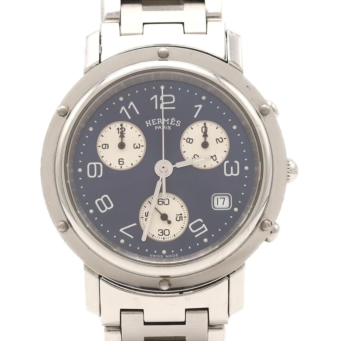HERMES CLIPPER CHRONOGRAPH WATCH: Hermes Clipper Chronograph Watch Brand: HERMES Type/Style: Wrist watch Material: Case: Stainless Steel Breath: Stainless Steel Color: Dial color: Blue, Silver/Arabic numerals Size: Case diameter: Appr