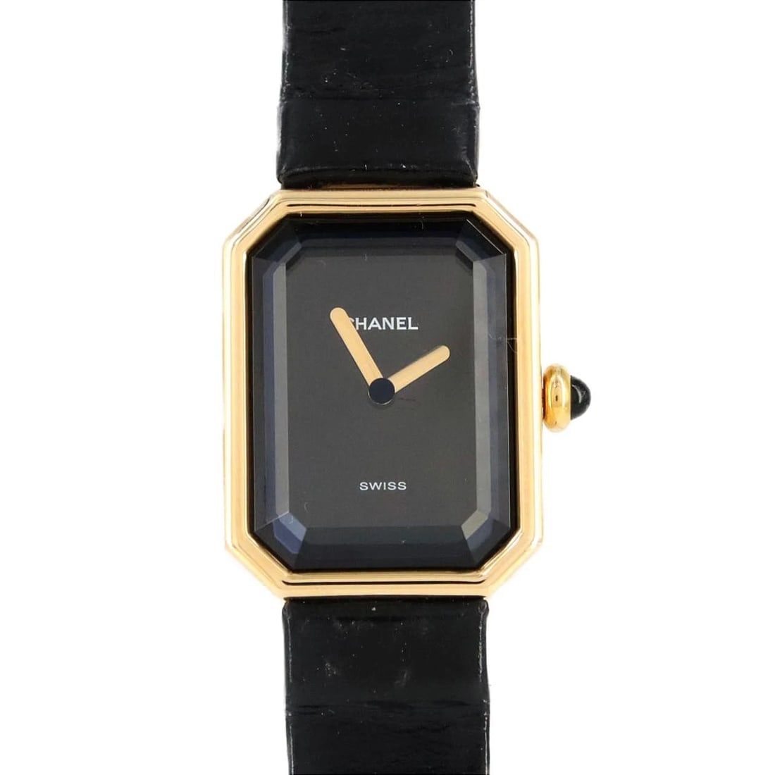 CHANEL PREMIERE YG QUARTZ WATCH: Chanel Premiere YG Quartz Watch Brand: CHANEL Type/Style: Wrist watch Material: Case: Yellow gold Bracelet: Strap Color: Dial Color: Black Band Color: Black Size: Case diameter: 20x26mm Accessorie