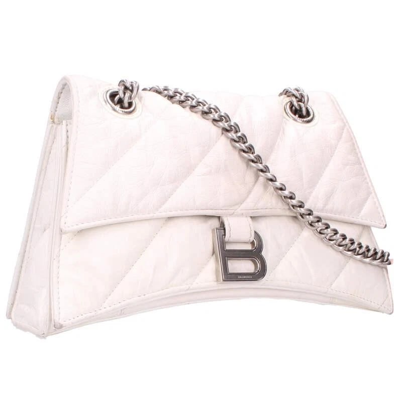 BALENCIAGA BAG: CRUSH CHAIN BAG WHITE SILVER: BALENCIAGA Bag: Crush Chain Bag White Silver Brand: BALENCIAGA Type/Style: Shoulder Bag Material: Exterior Material Leather Color: Exterior Color White Size: (approx. W10.0 ? H6.3 ? D2.4 inch)