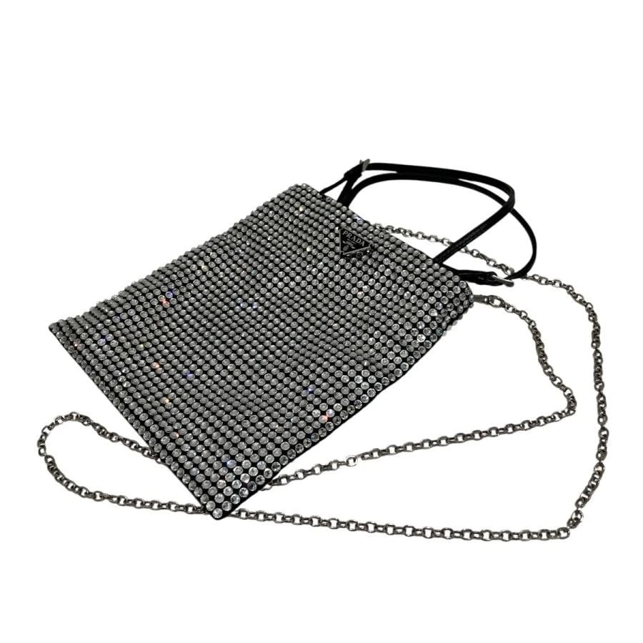 PRADA BAG: CHAIN SHOULDER RHINESTONE BLACK: PRADA Bag: Chain Shoulder Rhinestone Black Brand: PRADA Type/Style: Shoulder Bag Material: Exterior Material Polyester Color: Exterior Color Black Size: (approx. W6.7 ? H7.9 inch) Accessories: Non