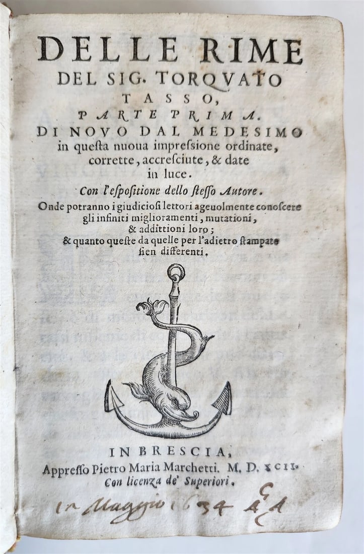 1592 POETRY BY TORQUATO TASSO, A 16TH-CENTURY VELLUM BOOK: Year/Century: 16th century Language: Italian Subject: Literature & Fiction Binding: Vellum Description: Torquato Tasso. Part Prima. Delle rime. [- Parte Seconda]. In the same way, this new impression 