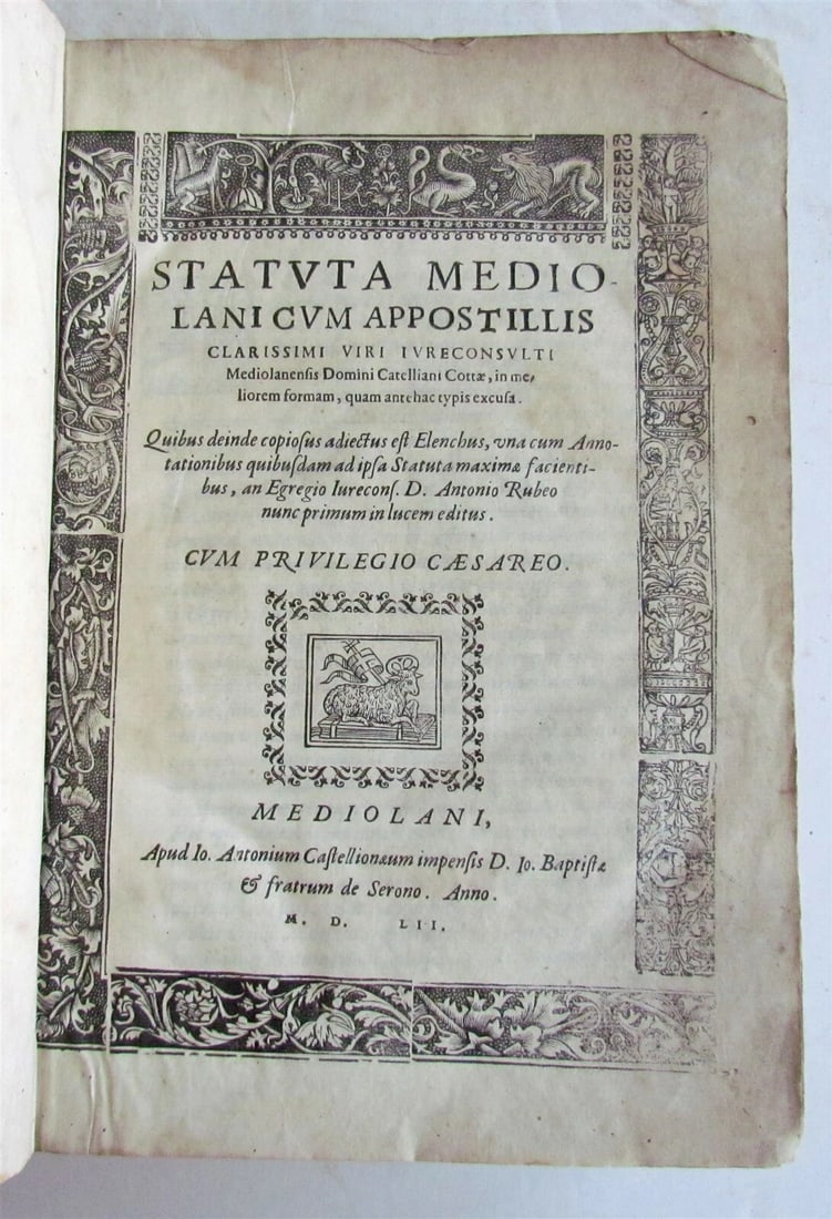 ANCIENT VELLUM BOUND FOLIO, 16TH CENTURY, MILAN HISTORY, 1552: Year/Century: 16th century Language: Latin Subject: History Binding: Vellum Description: [Milano Statutes]Iureconsulti mediolanensis domini viri status mediolani cum appostillis clarissimi. Giovanni B