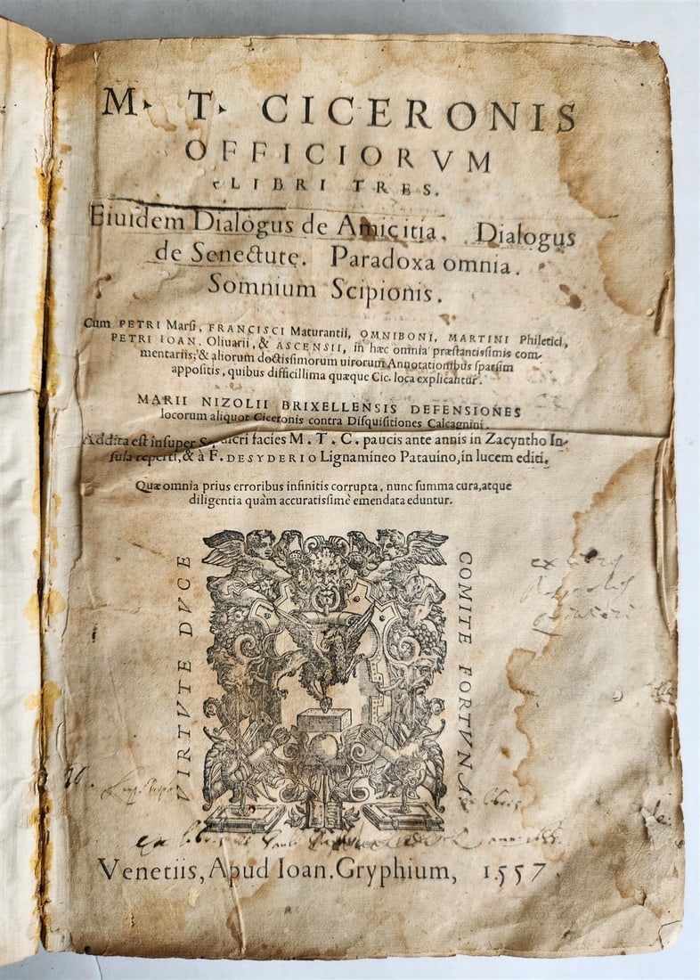 1557 CICERO'S OFFICIORUM LIBRI TRES, A 16TH-CENTURY VELLUM BOUND FOLIO: Year/Century: 16th century Language: Latin Subject: Law & Government Binding: Leather Description: Mark Tulii Cicero, Officiorum libri tres. 226 numbered leaves, 7 unnumbered leaves, Venice, Gryphius,