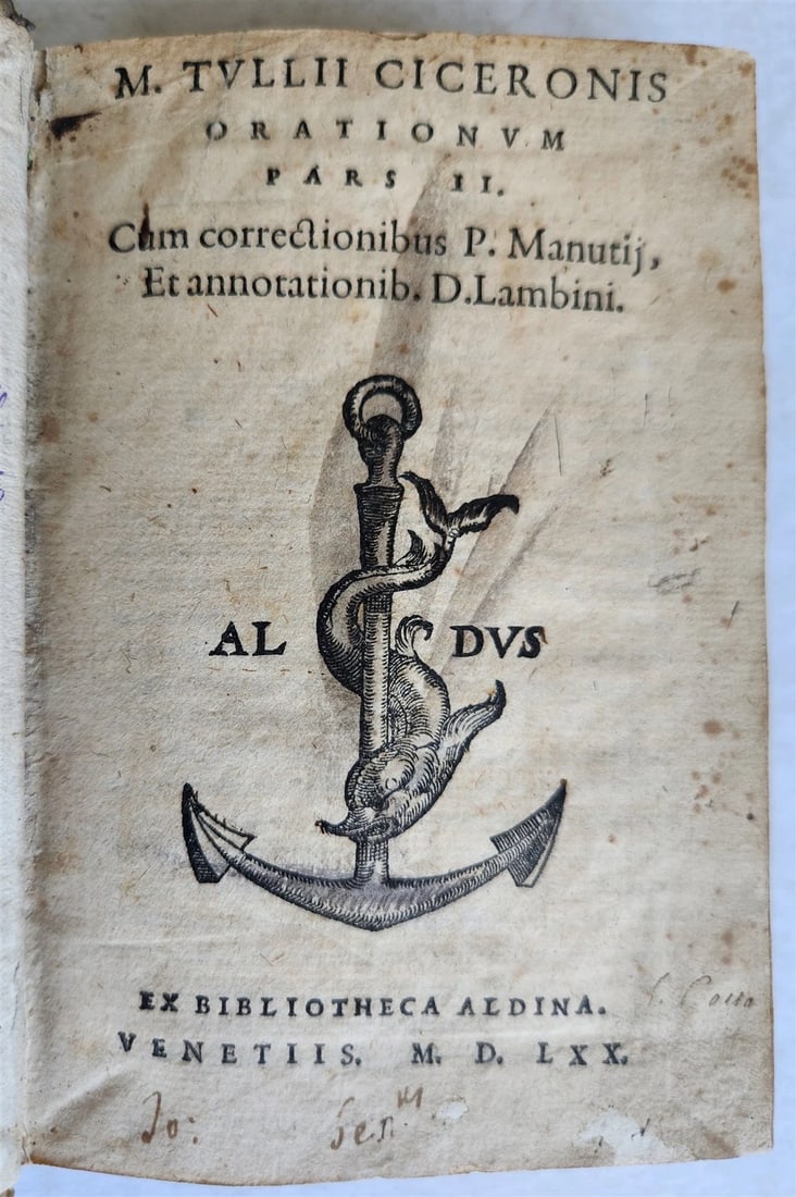 M. TULLII CICERONIS ORATIONUM ALDUS 1570 ALDINE PRESS CICERO ANCIENT: Year/Century: 16th century Language: Latin Subject: Illustrated Binding: Leather Description: CICERO. M. Tullii Ciceronis Orationum pars II. Cum correctionibus P. Manutii, and annotationib. D. Lambini