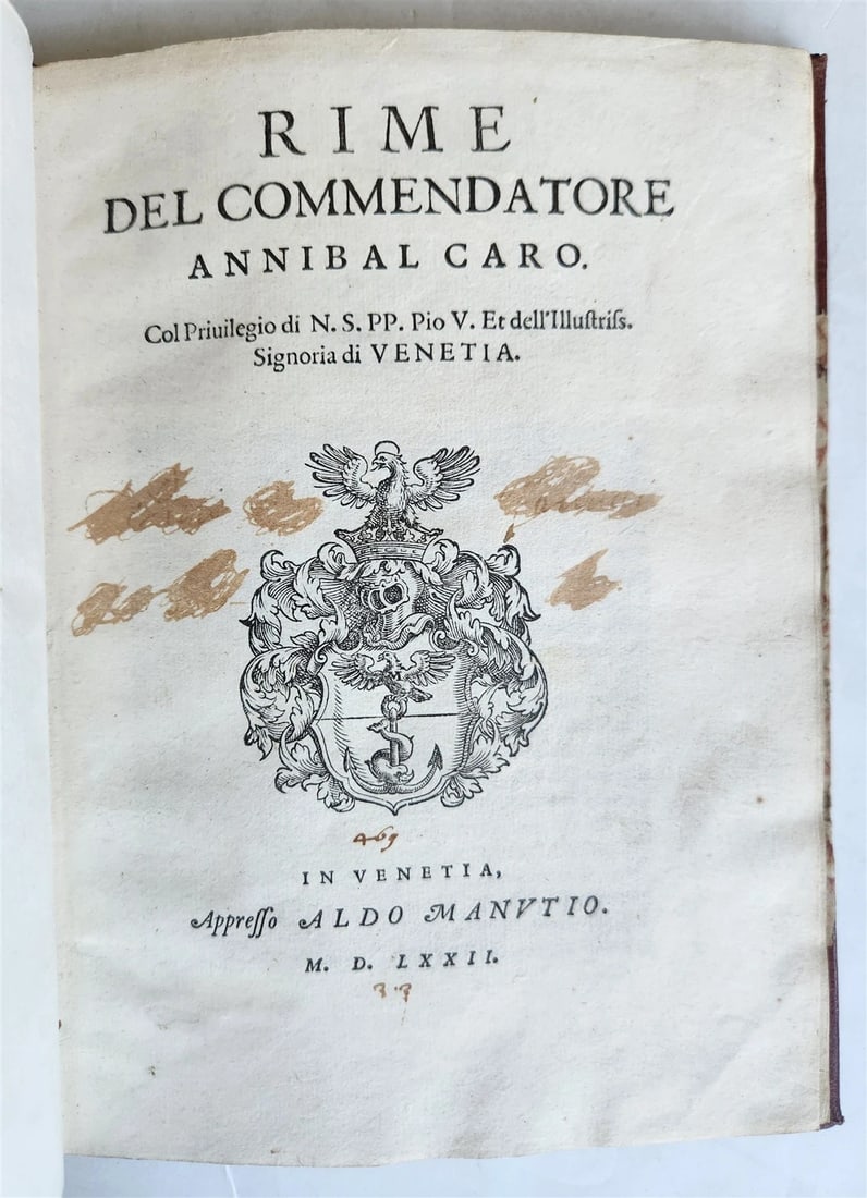 ANNIBAL CARO'S 1572 POETRY FROM THE OLD ALDINE PRESS ALDO MANUTIO, 16TH CENTURY APPRESSO: Year/Century: 16th century Language: Italian Subject: Literature & Fiction Binding: Leather Description: Annibale Caro (1507?1566) Woodcut printer's mark, woodcut initials, and decorations on the titl