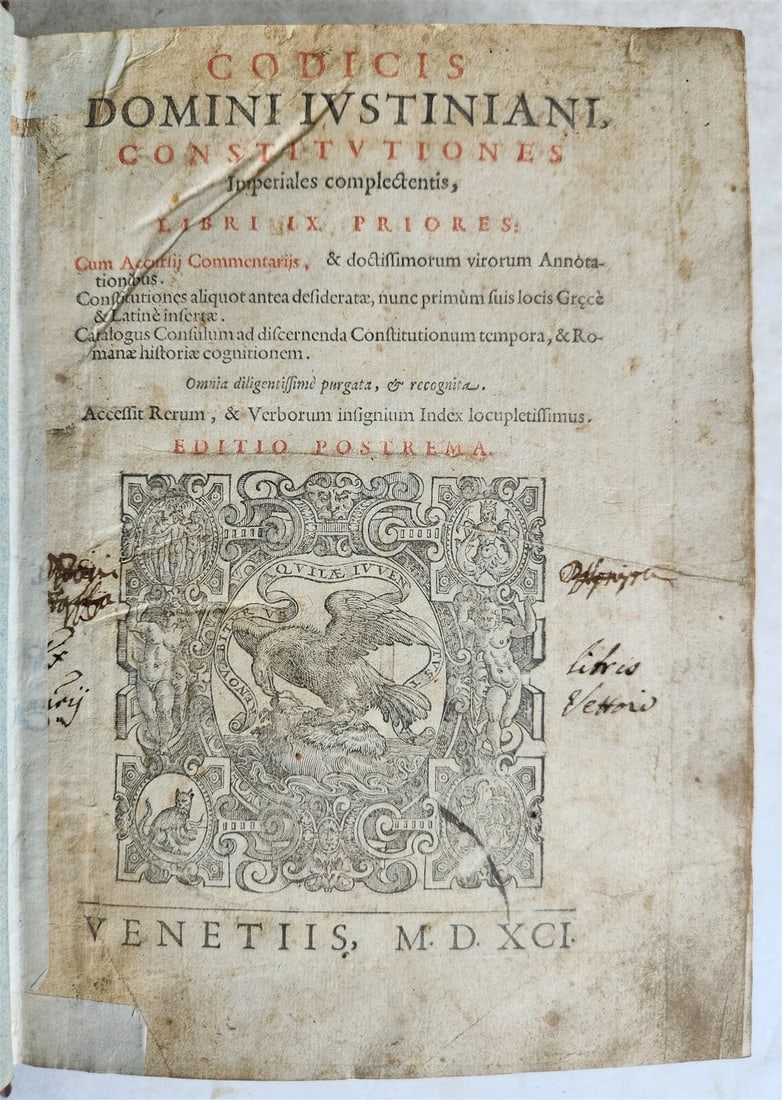 LATIN LAW BOOK IN THE 16TH CENTURY, CODICIS DOMINI IUSTINIANI, 1591: Year/Century: 16th century Language: Latin Subject: Law & Government Binding: Vellum Description: Codicis Domini Iustiniani, Constitutiones imperiales complectentis Venice; 1591 Woodcut vignette with 