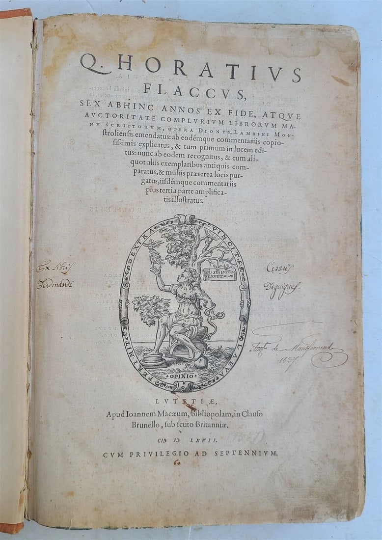 1567 HORACE POETRY, A 16TH-CENTURY LATIN POEM: Year/Century: 16th century Language: Latin Subject: Literature & Fiction Binding: Cloth Description: Quintus Horace Flaccus. Opera Dionys... Sex Abhinc Annos ex Fide. Lambini. Lutetiae: Woodcut device