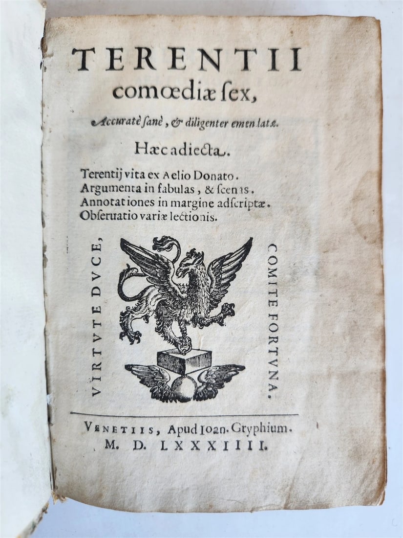 TERENCE'S 1584 COMEDIES, AN OLD VELLUM-BOUND 16TH-CENTURY ILLUSTRATION: Year/Century: 16th century Language: Latin Subject: Illustrated Binding: Vellum Description: TERENTII (Publio Terenzio Afro) Comoediae Sex Venice, at Ioan. Gryphium, 1584 An example of late Renaissanc