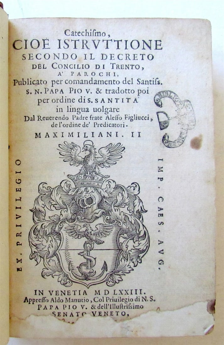 1573 ALDINE PRESS CATECHISMO CIOE ISTRUTTIONE ANTIQUE 16TH-CENTURY ITALIAN ALDUS: Year/Century: 16th century Language: Italian Subject: Religion & Spirituality Binding: Leather Description: [Catholic Church] Catechismo, cioe Istruttione in accordance with the decree of the Council 