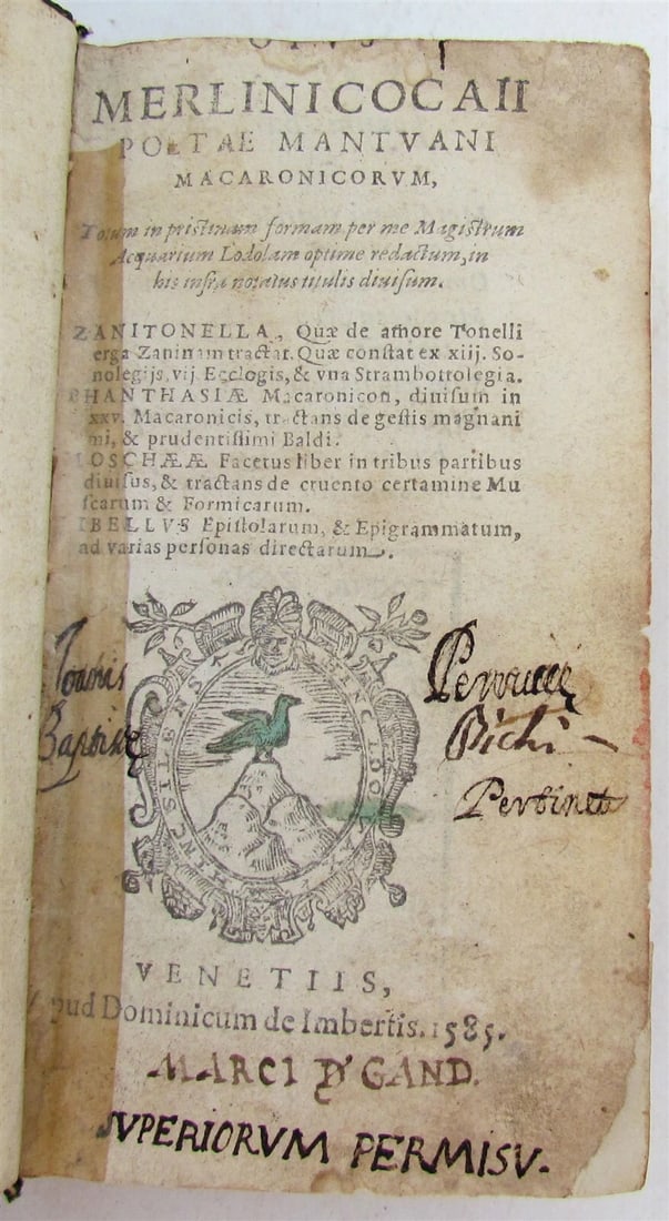 ILLUSTRATED MACARONIC POETRY MERLINI COCAII, AN ANTIQUE FROM THE SIXTEENTH CENTURY, 1585: Year/Century: 16th century Language: Latin Subject: Illustrated Binding: Hardcover Description: FOLENGO Teofilo (1491?1544) Opus Merlinicocaii Poetae Mantuani Macarronicum. In his infra notatus diuisu